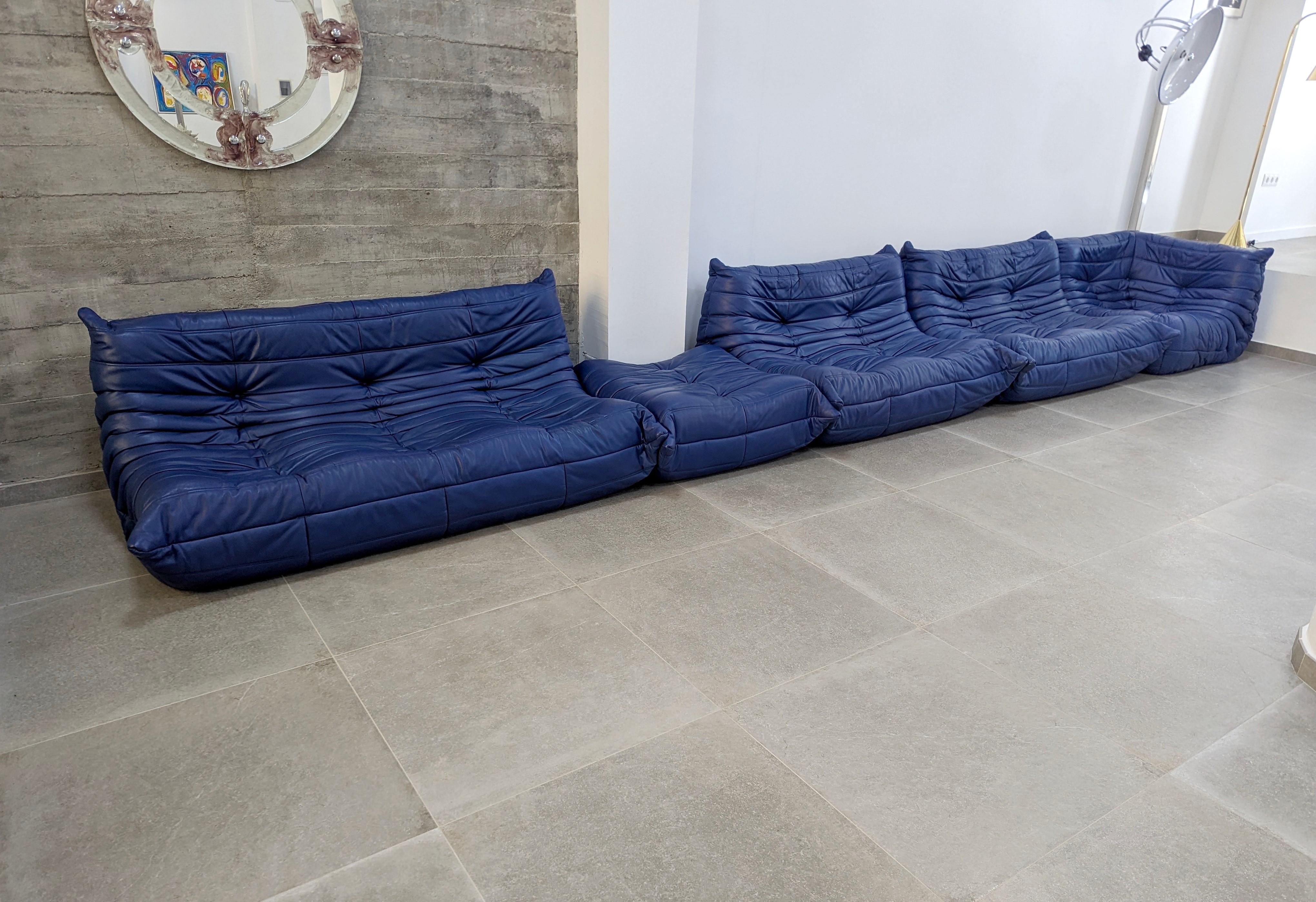 Divano Togo di Michel Ducaroy per Ligne Roset in pelle blu, Francia, Set di 5 in vendita 1