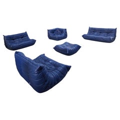 Vintage Togo Sofa by Michel Ducaroy for Ligne Roset in Blue Leather, France, Set of 5