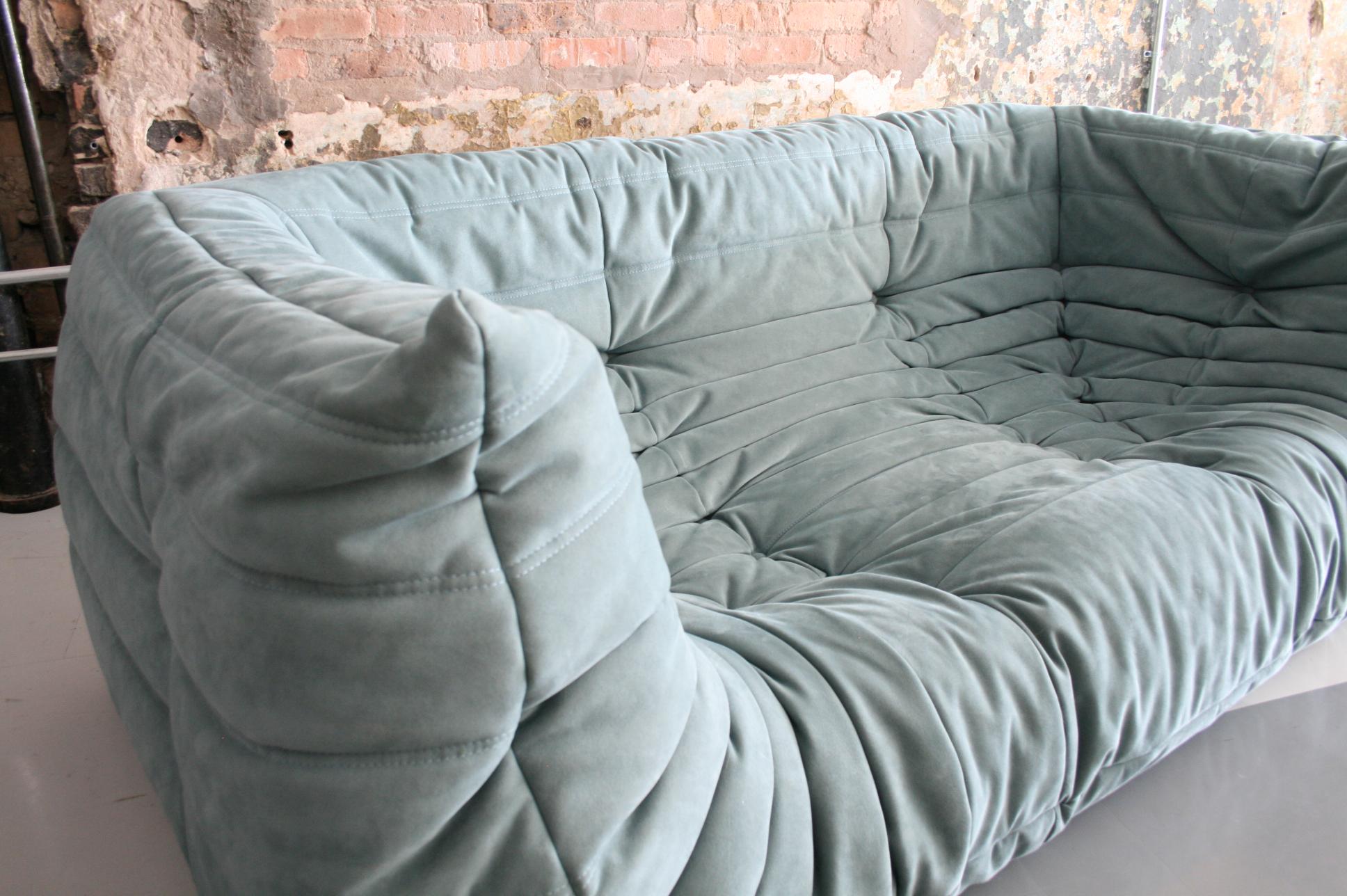 French Togo Sofa in Baby Blue Leather by Michel Ducaroy for Ligne Roset