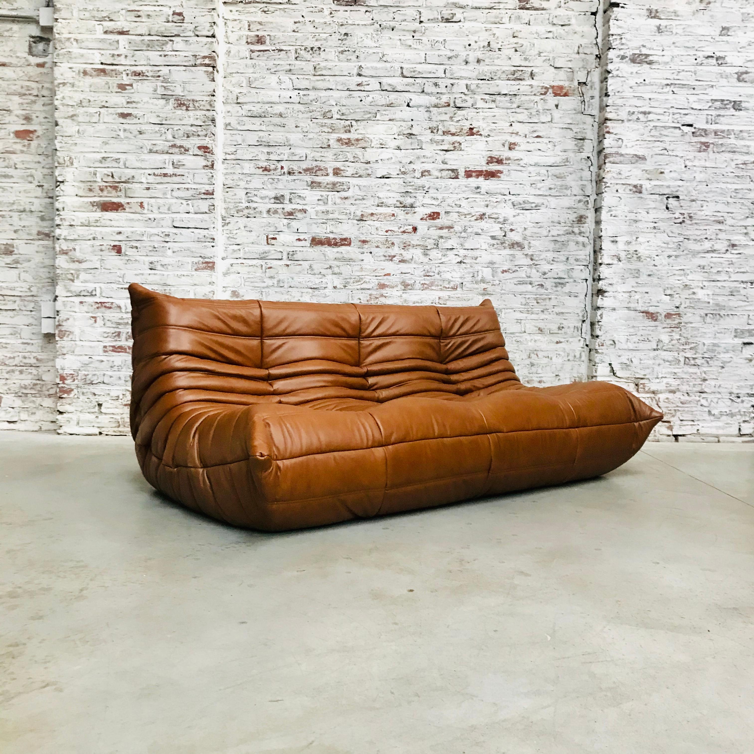 French Togo Sofa in Dark Brown Cognac Leather by Michel Ducaroy for Ligne Roset