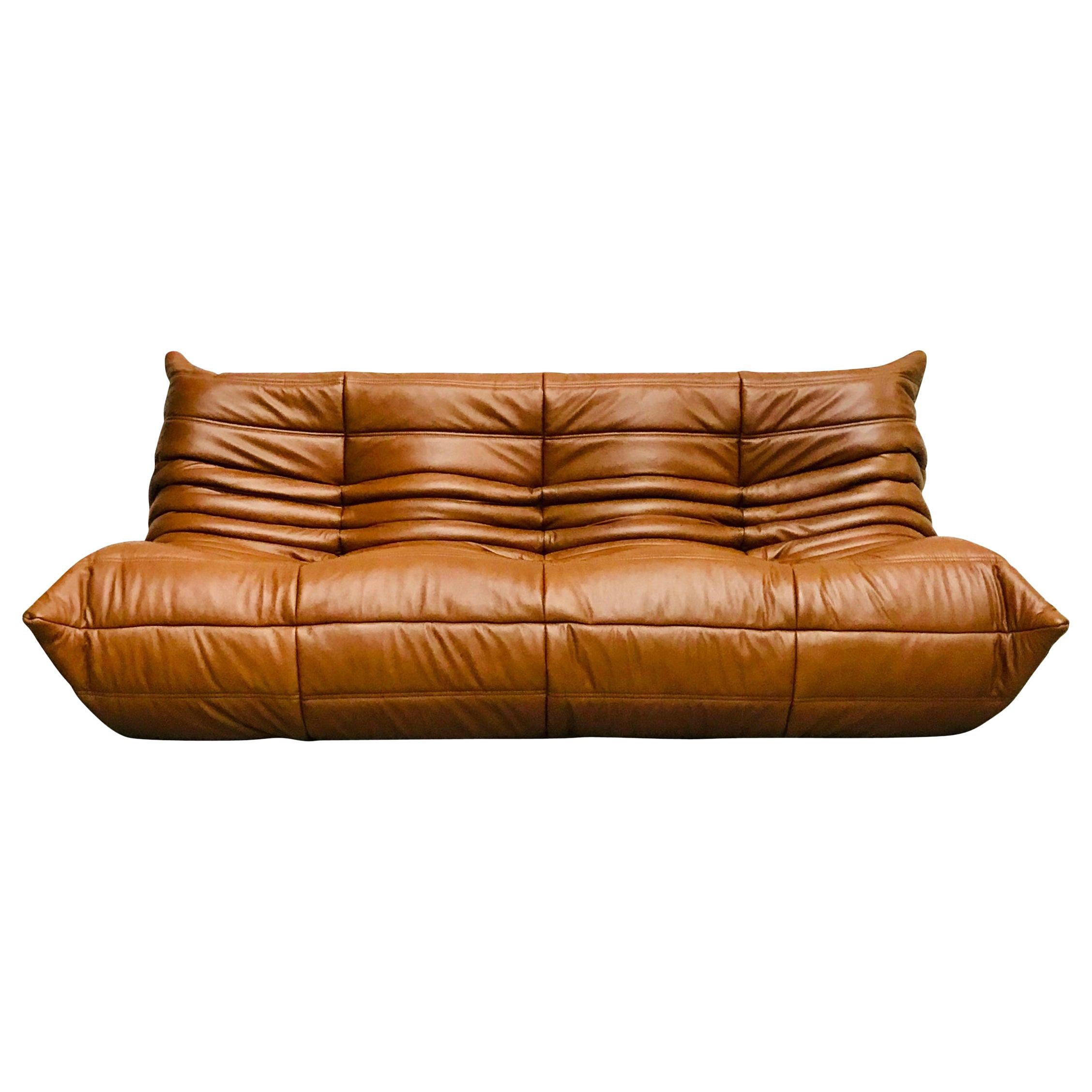 Togo Sofa in Dark Brown Cognac Leather by Michel Ducaroy for Ligne Roset