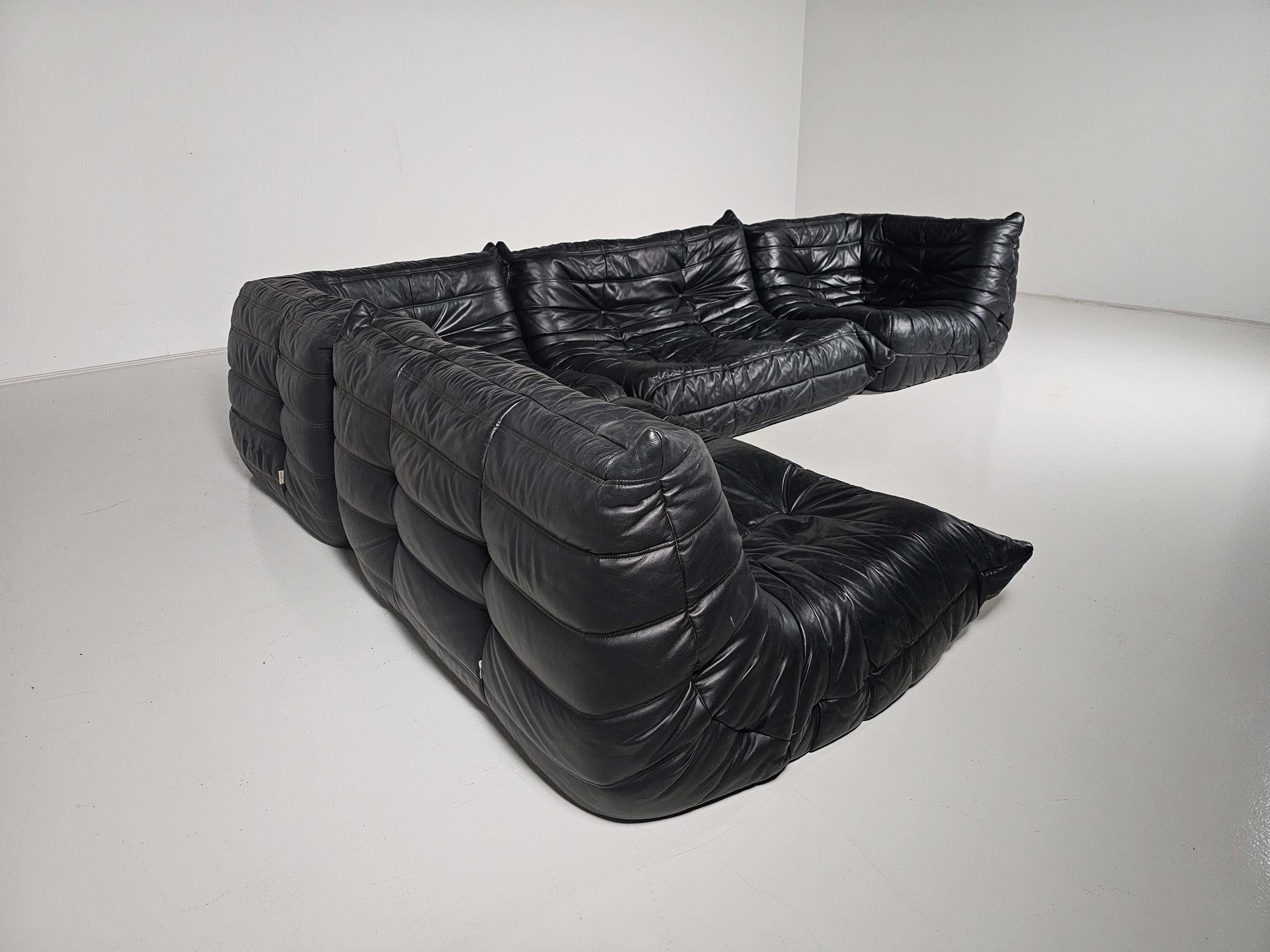 Sofá Togo en cuero negro original,  Michel Ducaroy, Ligne Roset, años 1980 finales del siglo XX en venta