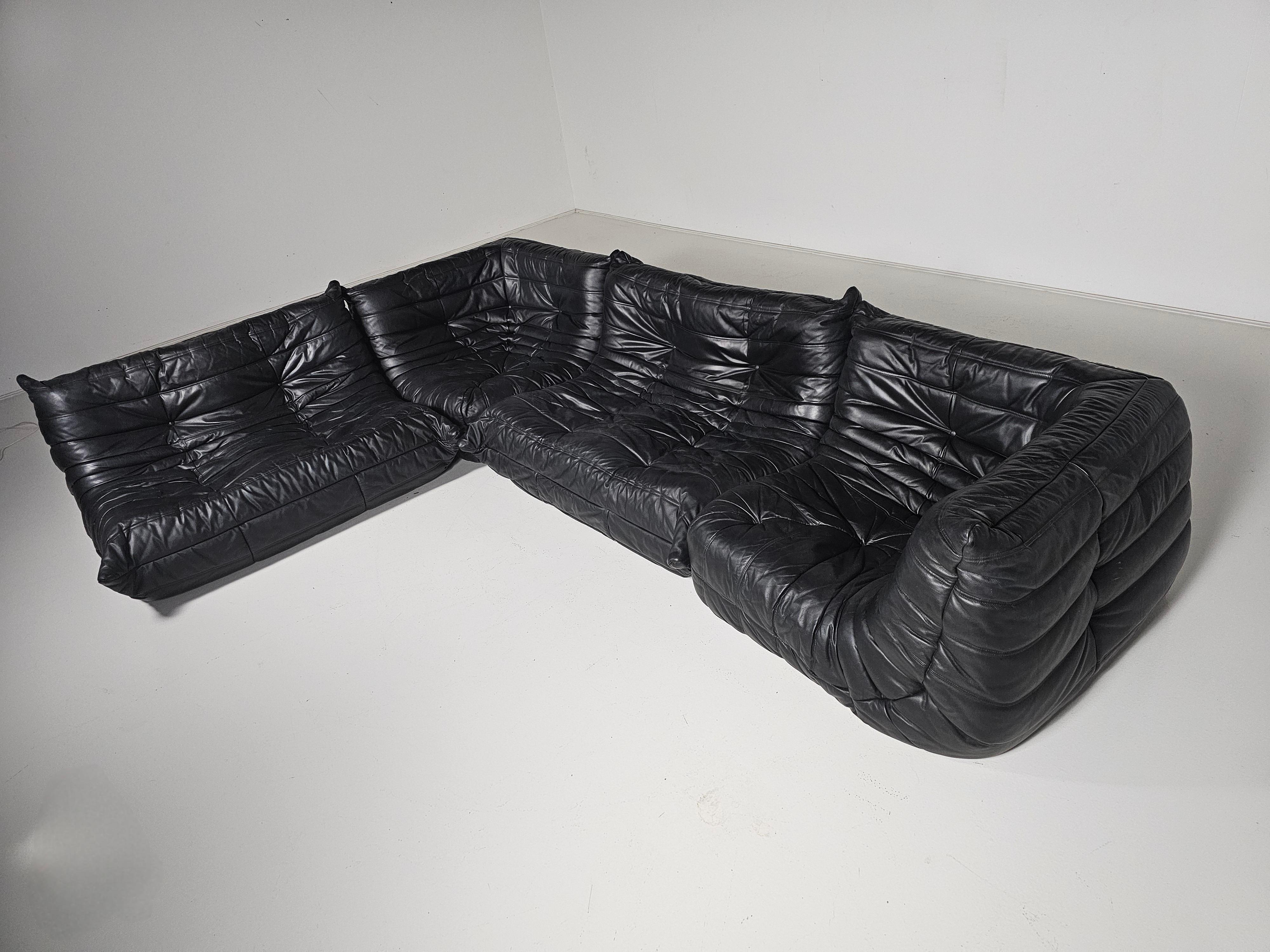 Sofá Togo en cuero negro original,  Michel Ducaroy, Ligne Roset, años 1980 Cuero en venta