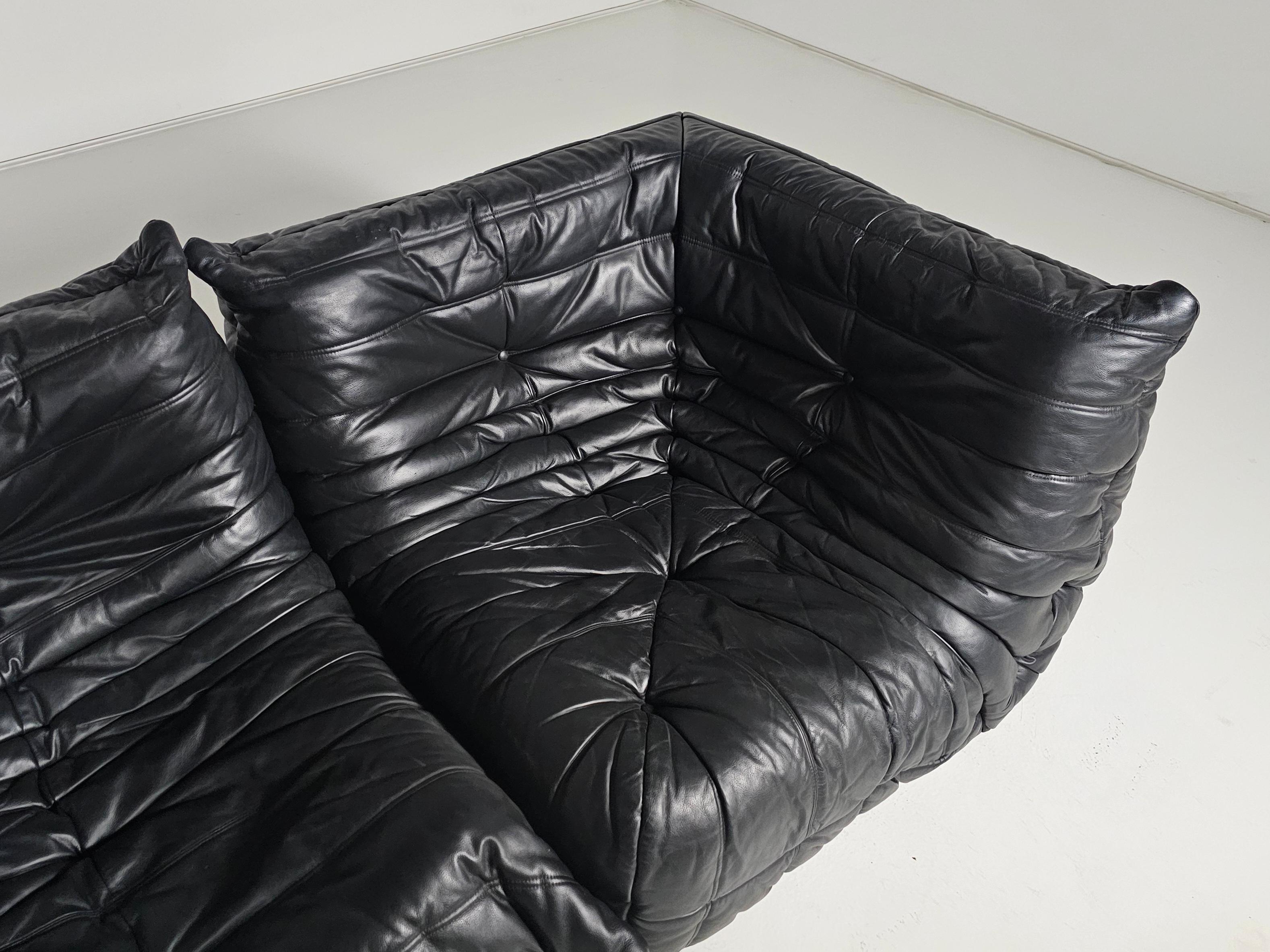 Sofá Togo en cuero negro original,  Michel Ducaroy, Ligne Roset, años 1980 en venta 2