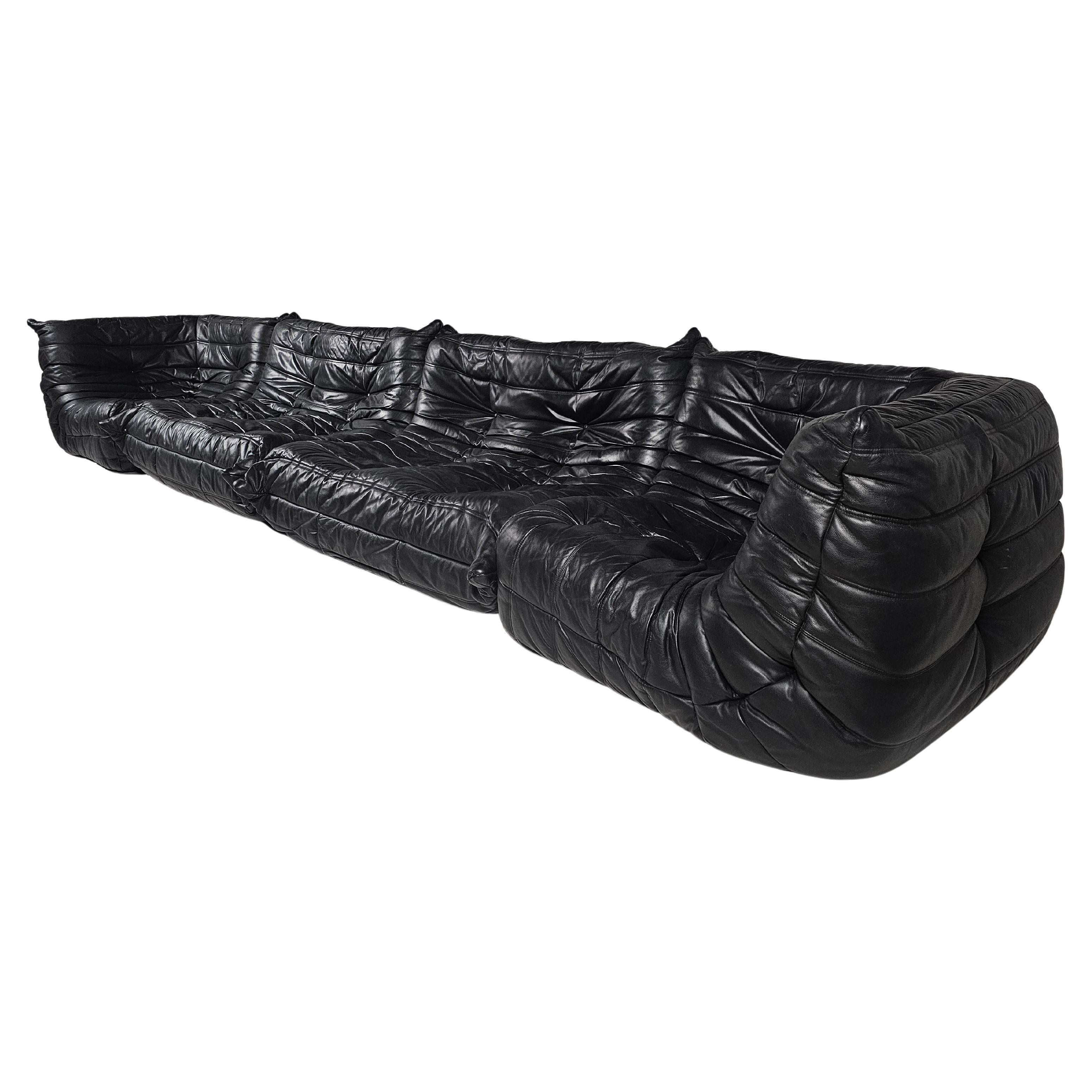 Togo Sofa in original black leather,  Michel Ducaroy, Ligne Roset, 1980s