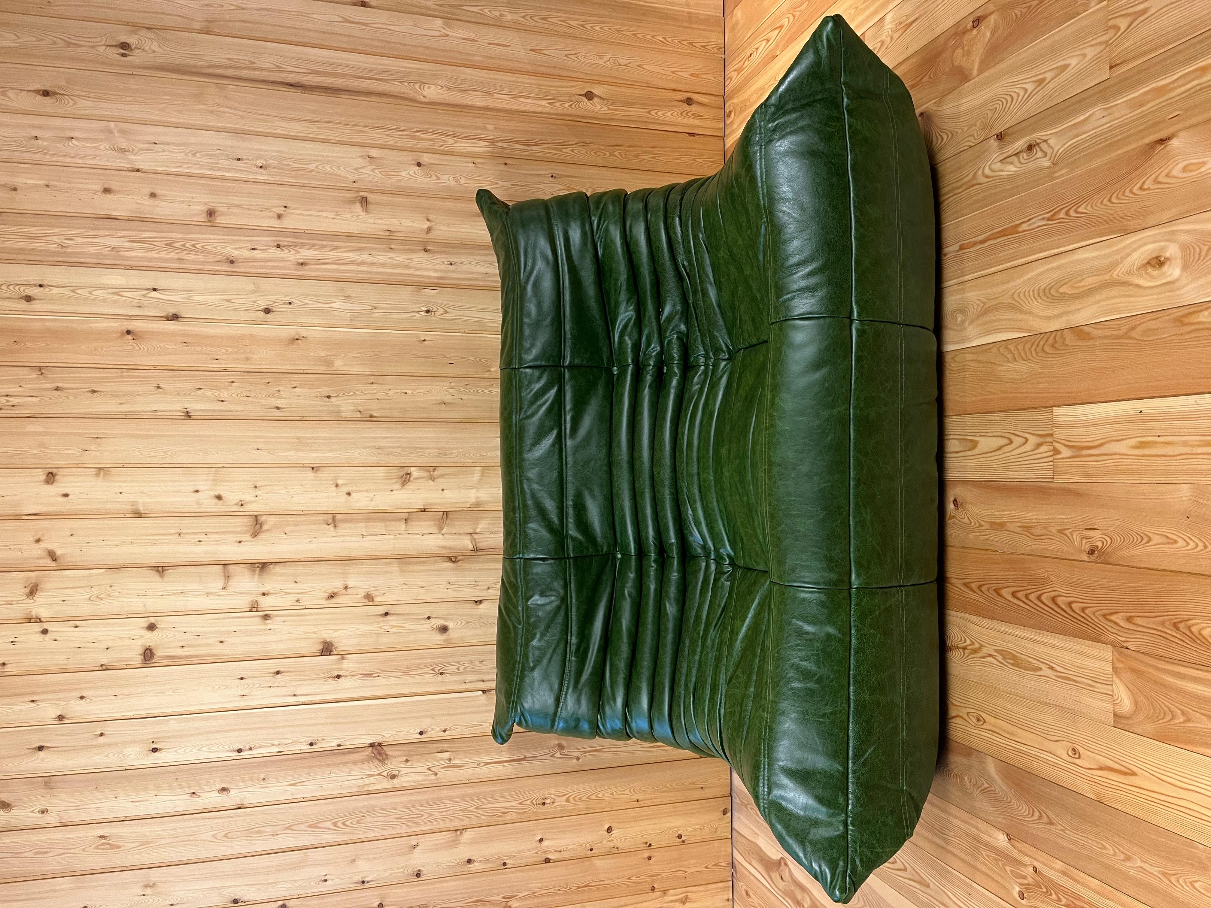 The Togo sofa was presented for the first time at Furnishing Expo in Paris in 1973, Designed by Michel Ducaroy who was inspired by a toothpaste tube. 
Produced by Ligne Roset.

This Togo sofa is a 2seater. 
it is upholstered with a green leather. 
