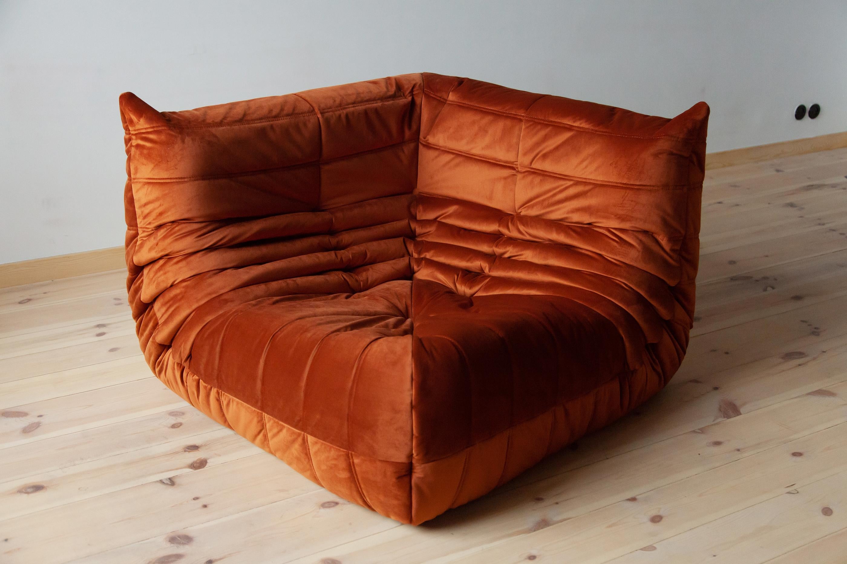 Togo Sofa Set by Michel Ducaroy for Ligne Roset, in Amber Velvet For Sale 6