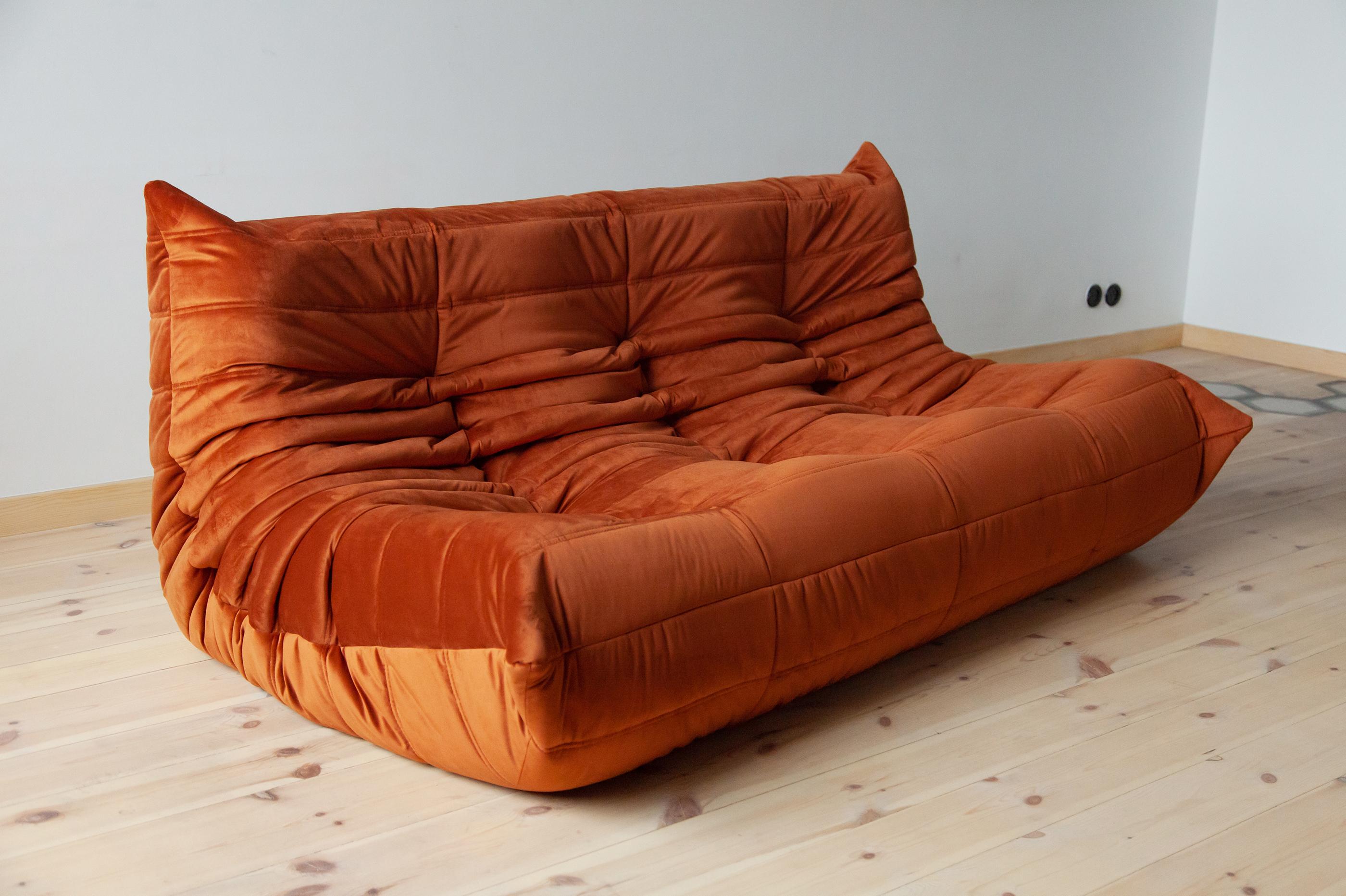 Togo Sofa Set by Michel Ducaroy for Ligne Roset, in Amber Velvet For Sale 11