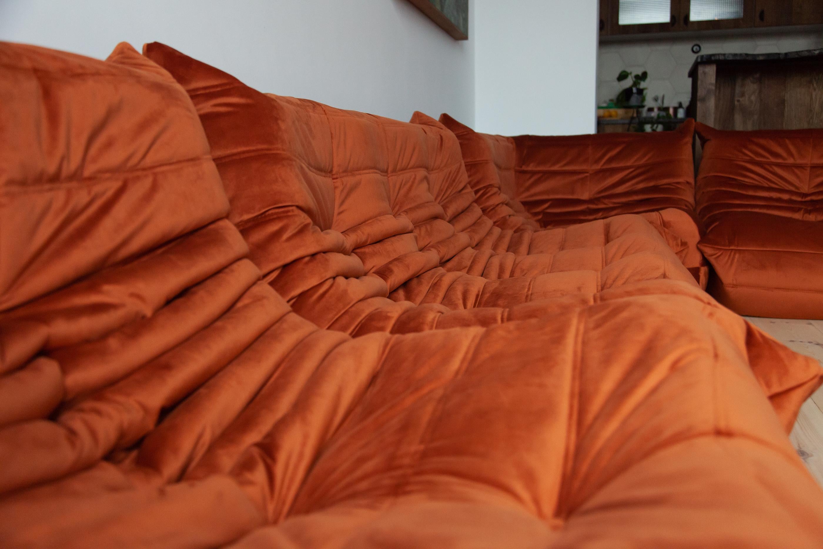 Mid-Century Modern Togo Sofa Set by Michel Ducaroy for Ligne Roset, in Amber Velvet For Sale