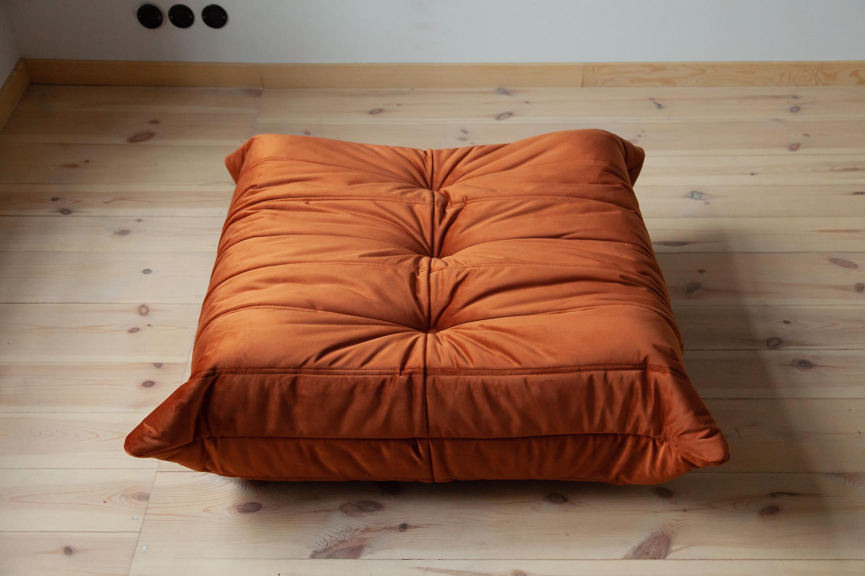 French Togo Sofa Set by Michel Ducaroy for Ligne Roset, in Amber Velvet For Sale