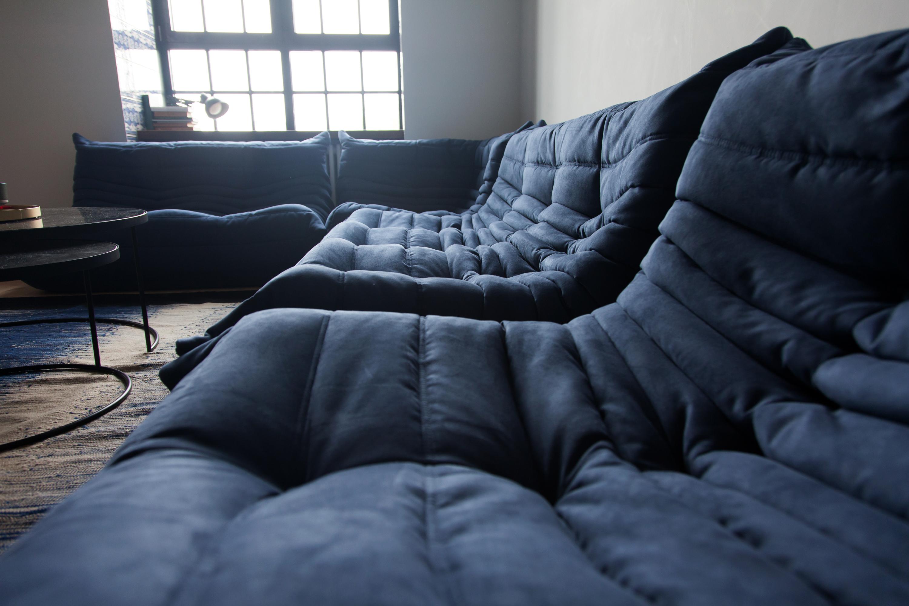 French Togo Sofa Set by Michel Ducaroy for Ligne Roset, in Dark Blue Microfibre For Sale
