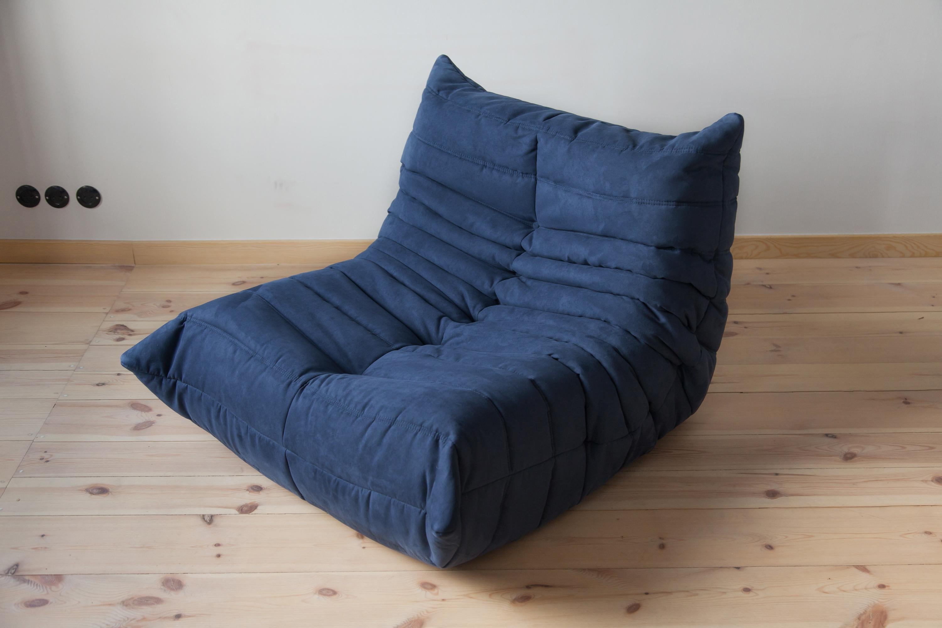 Fabric Togo Sofa Set by Michel Ducaroy for Ligne Roset, in Dark Blue Microfibre For Sale