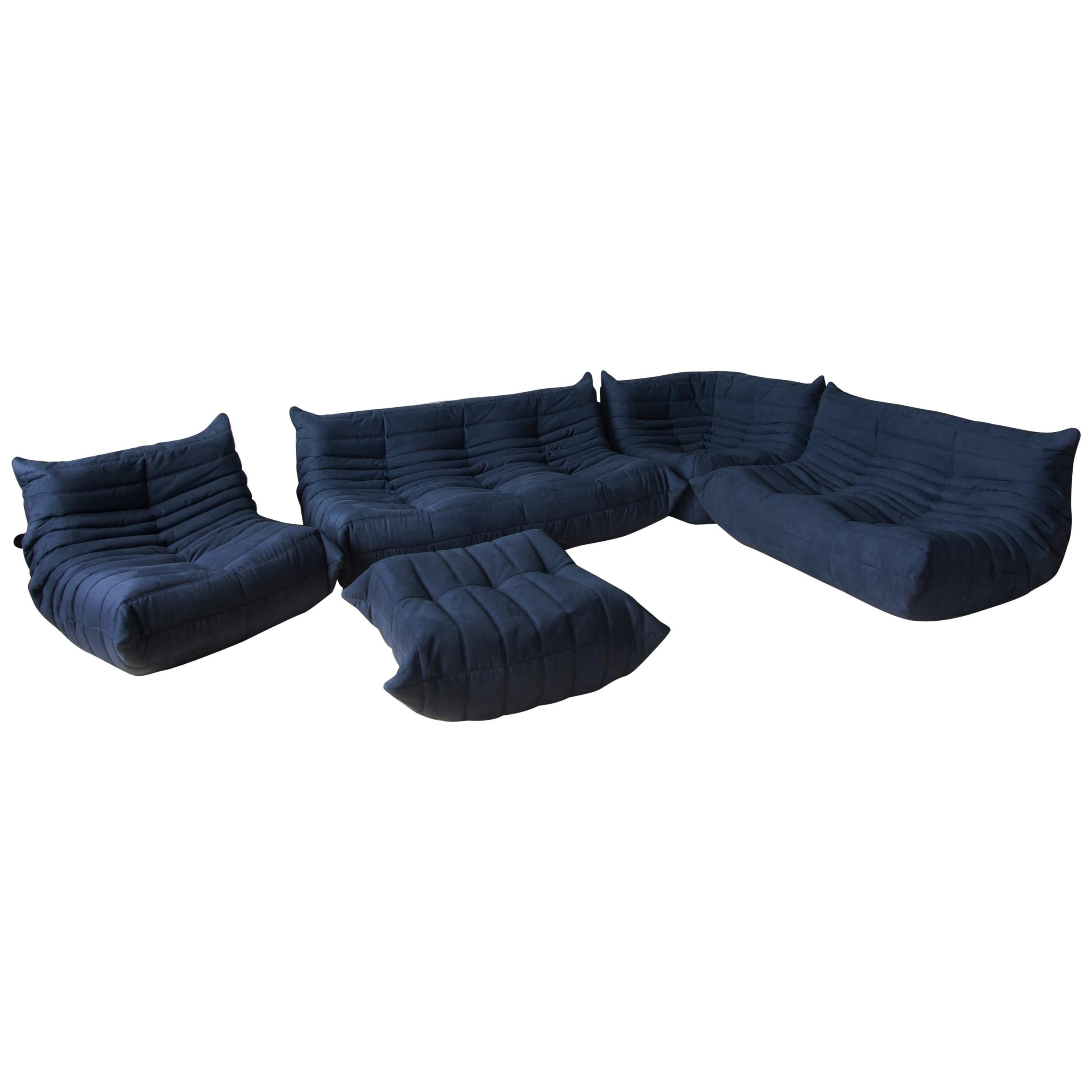Togo Sofa Set by Michel Ducaroy for Ligne Roset, in Dark Blue Microfibre For Sale