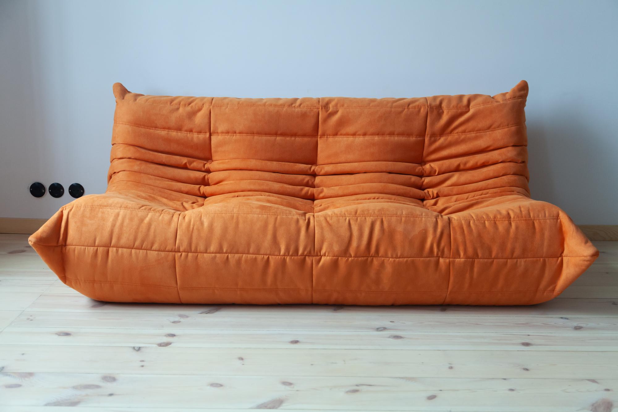 Togo Sofa Set by Michel Ducaroy for Ligne Roset, in Orange Microfibre For Sale 3