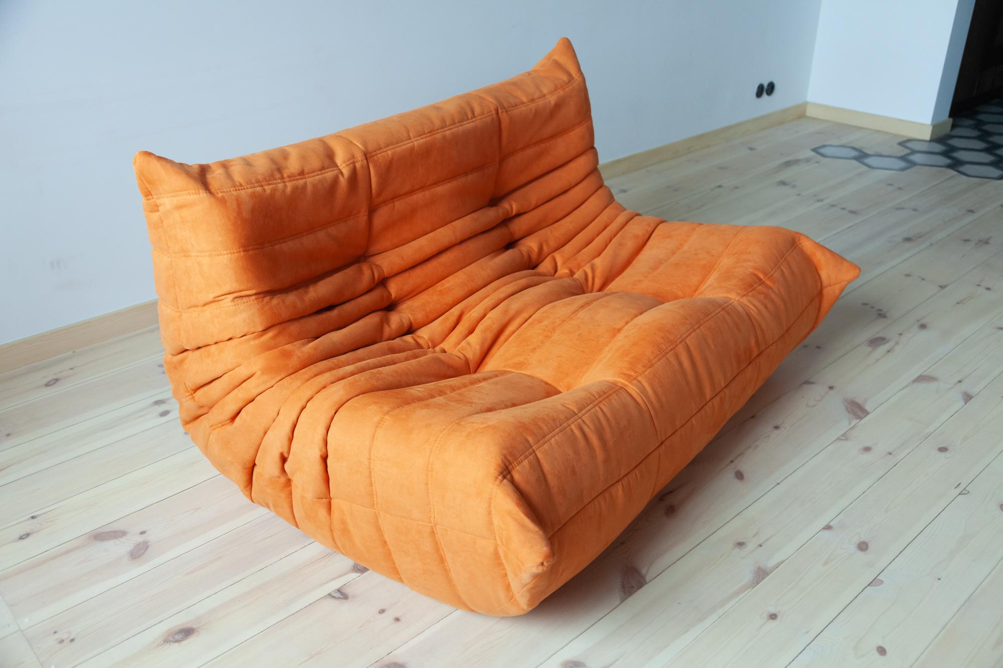 Togo Sofa Set by Michel Ducaroy for Ligne Roset, in Orange Microfibre For Sale 6