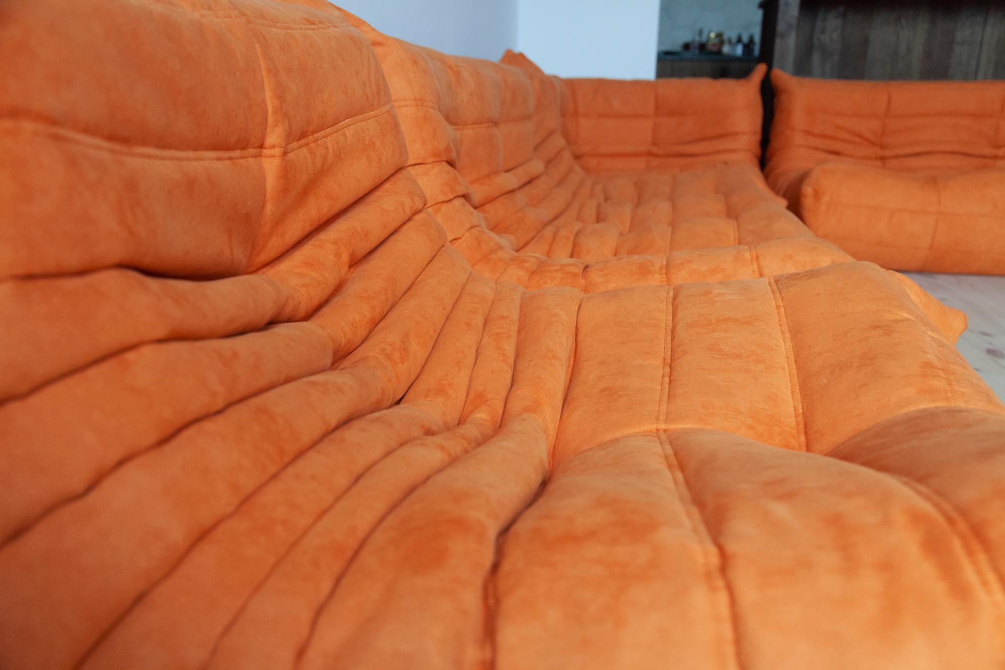 Togo Sofa Set by Michel Ducaroy for Ligne Roset, in Orange Microfibre For Sale 7