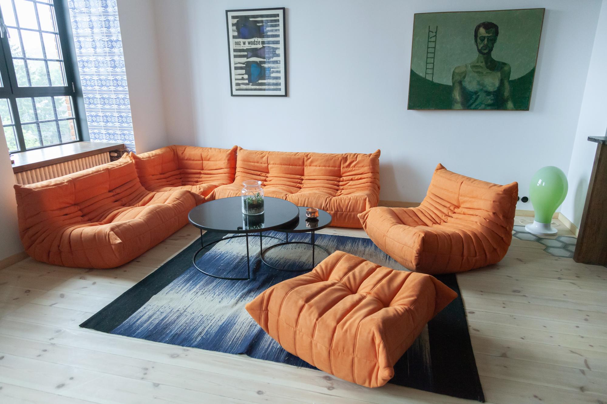 Mid-Century Modern Togo Sofa Set by Michel Ducaroy for Ligne Roset, in Orange Microfibre For Sale