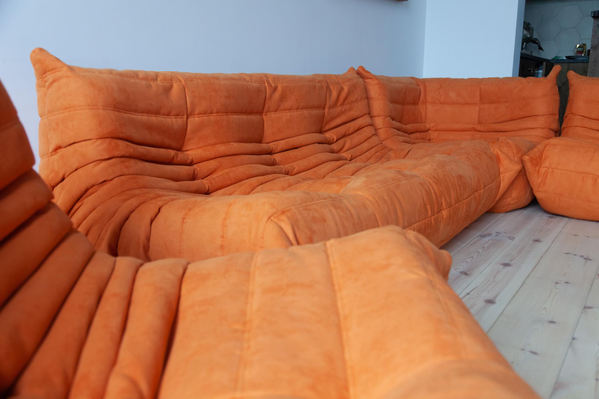 French Togo Sofa Set by Michel Ducaroy for Ligne Roset, in Orange Microfibre For Sale