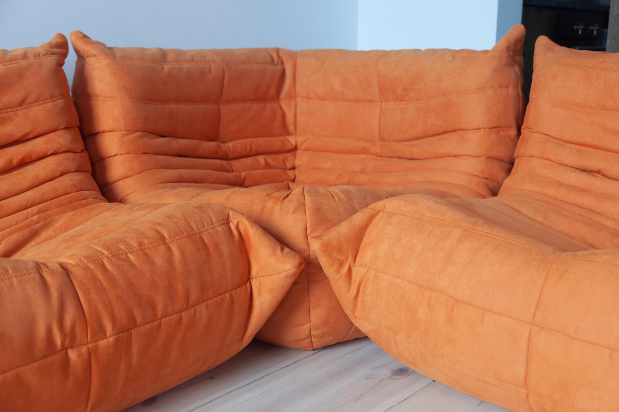 Fabric Togo Sofa Set by Michel Ducaroy for Ligne Roset, in Orange Microfibre For Sale