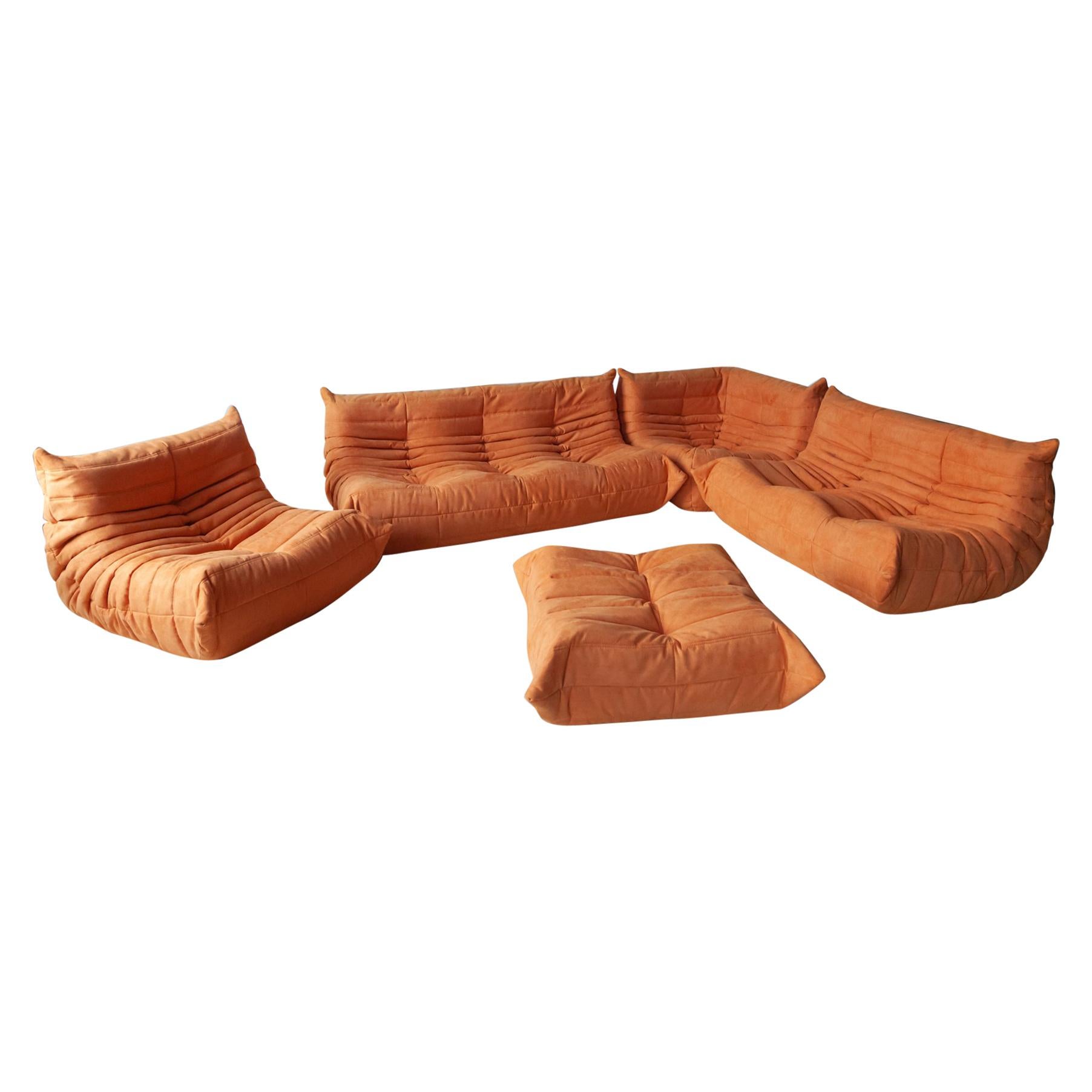 Togo Sofa Set by Michel Ducaroy for Ligne Roset, in Orange Microfibre For Sale