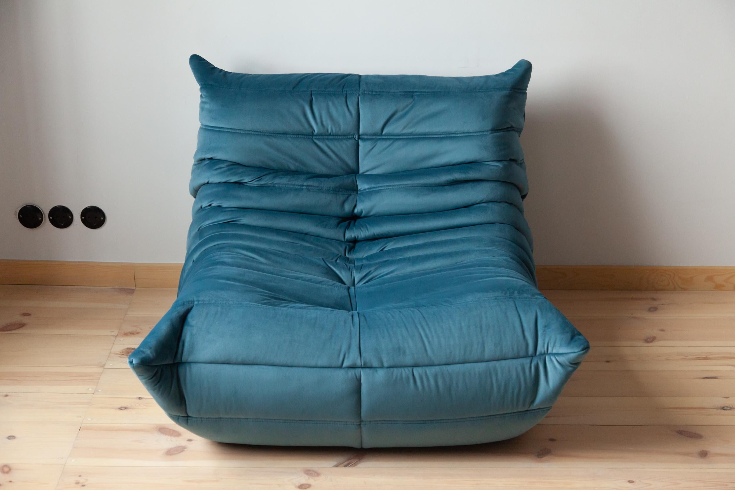 Togo Sofa Set by Michel Ducaroy for Ligne Roset, in Sea Blue Velvet For Sale 3