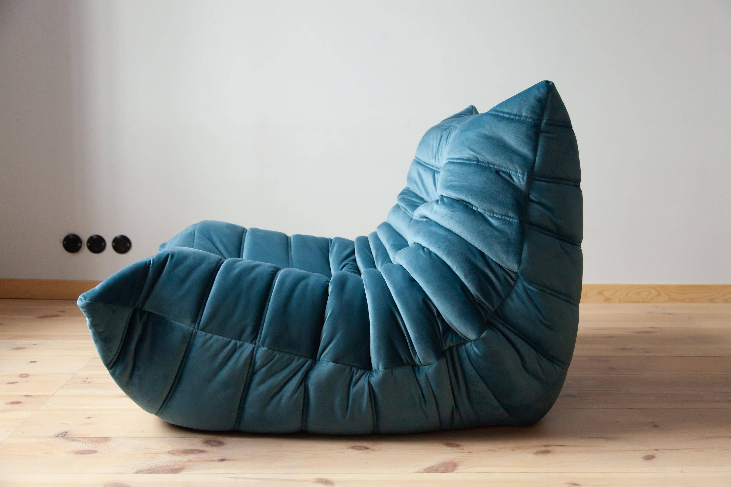 Togo Sofa Set by Michel Ducaroy for Ligne Roset, in Sea Blue Velvet For Sale 4