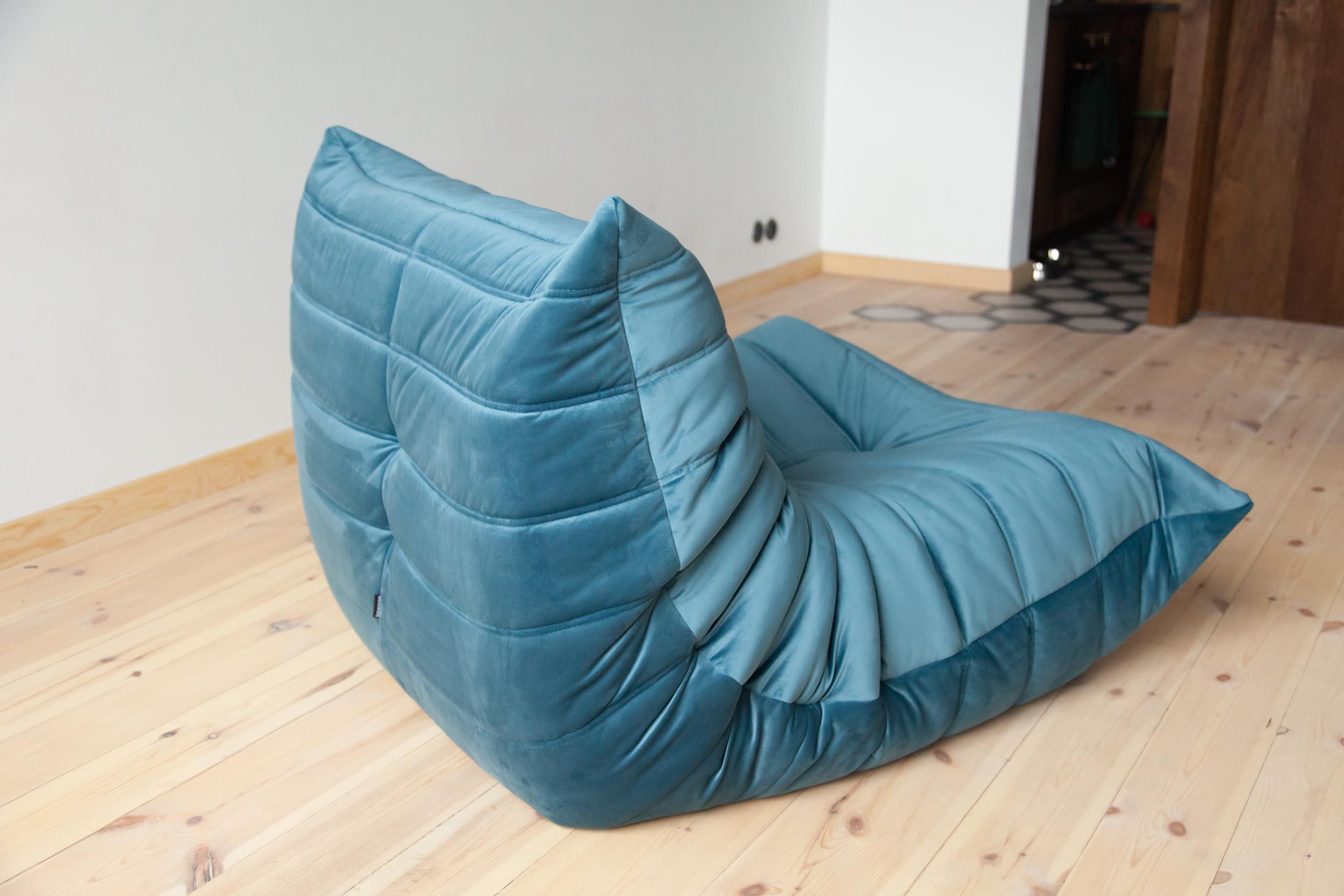 Togo Sofa Set by Michel Ducaroy for Ligne Roset, in Sea Blue Velvet For Sale 5