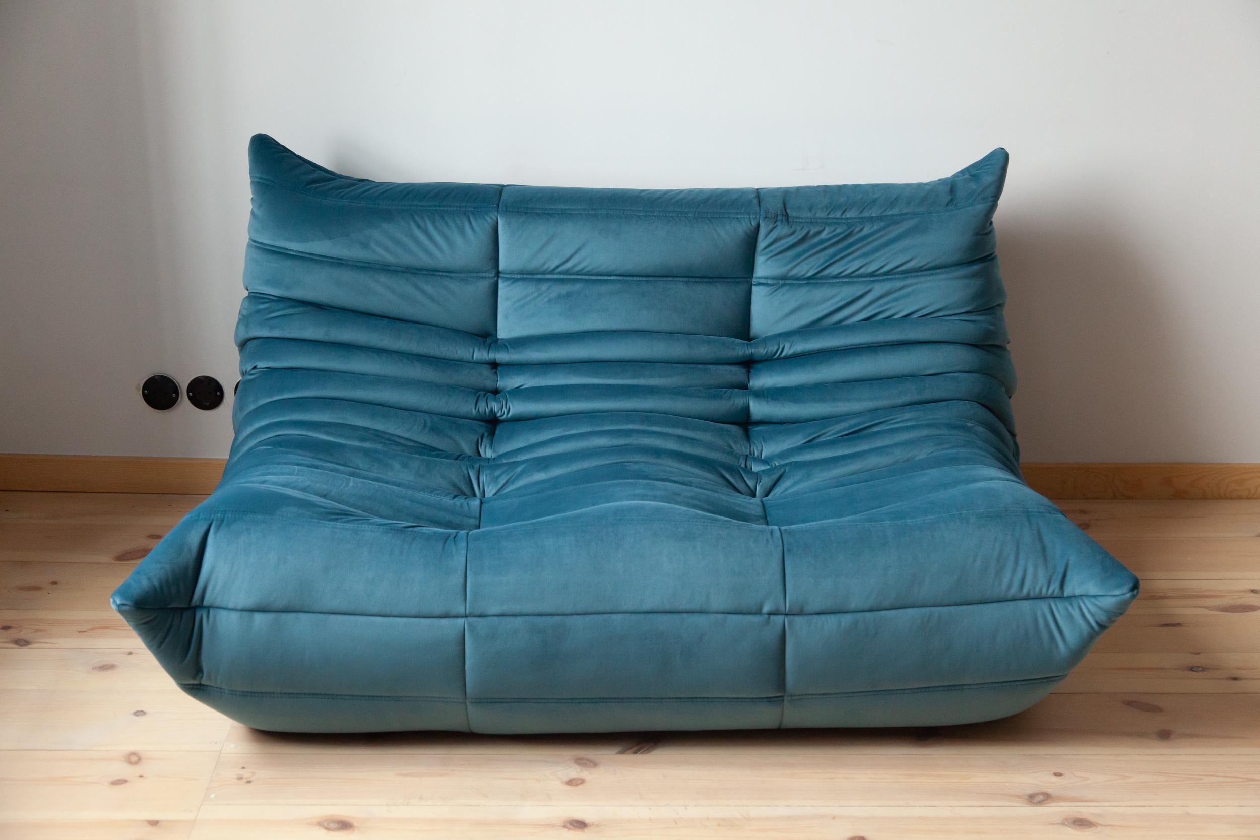 Togo Sofa Set by Michel Ducaroy for Ligne Roset, in Sea Blue Velvet For Sale 7