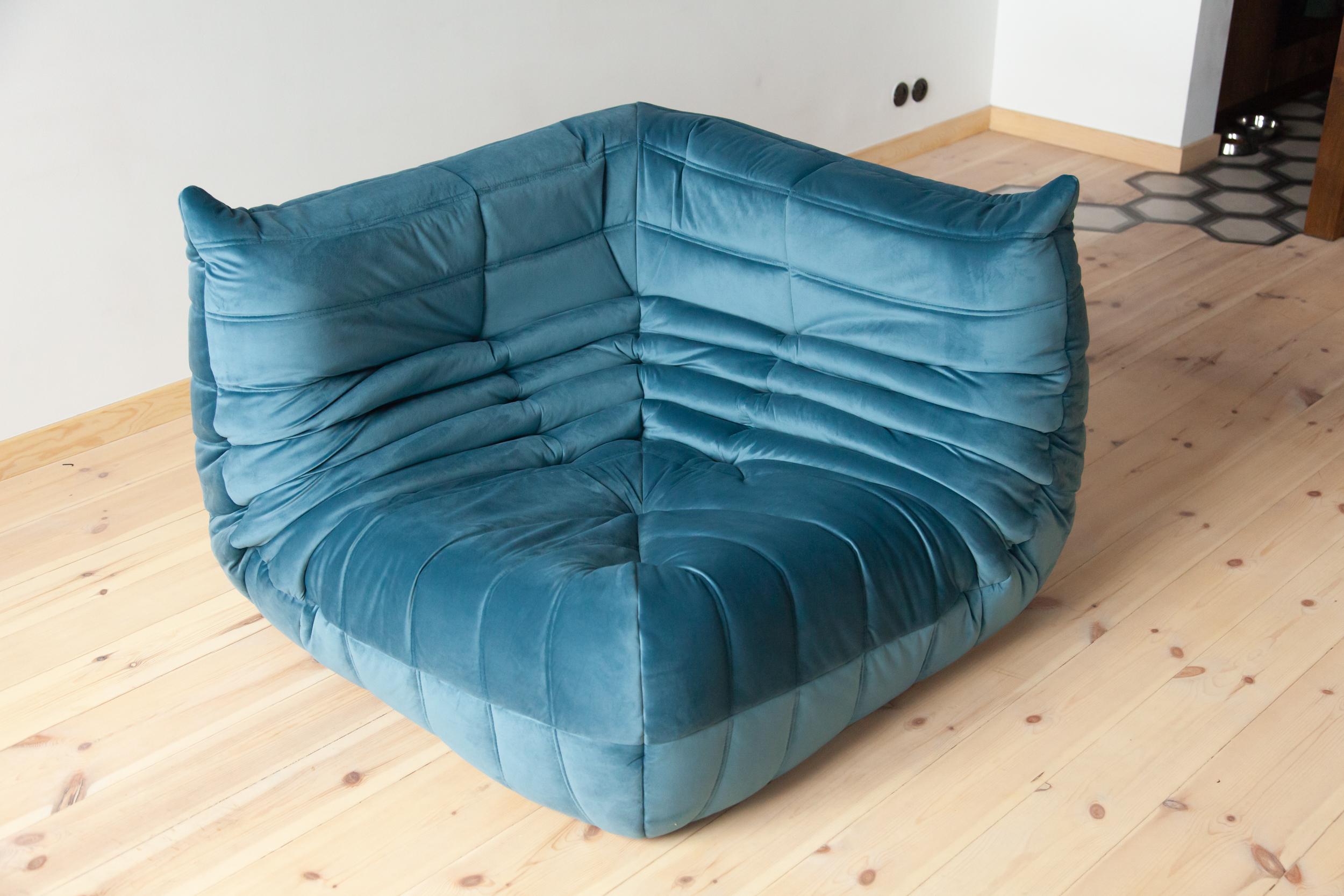 Togo Sofa Set by Michel Ducaroy for Ligne Roset, in Sea Blue Velvet For Sale 12