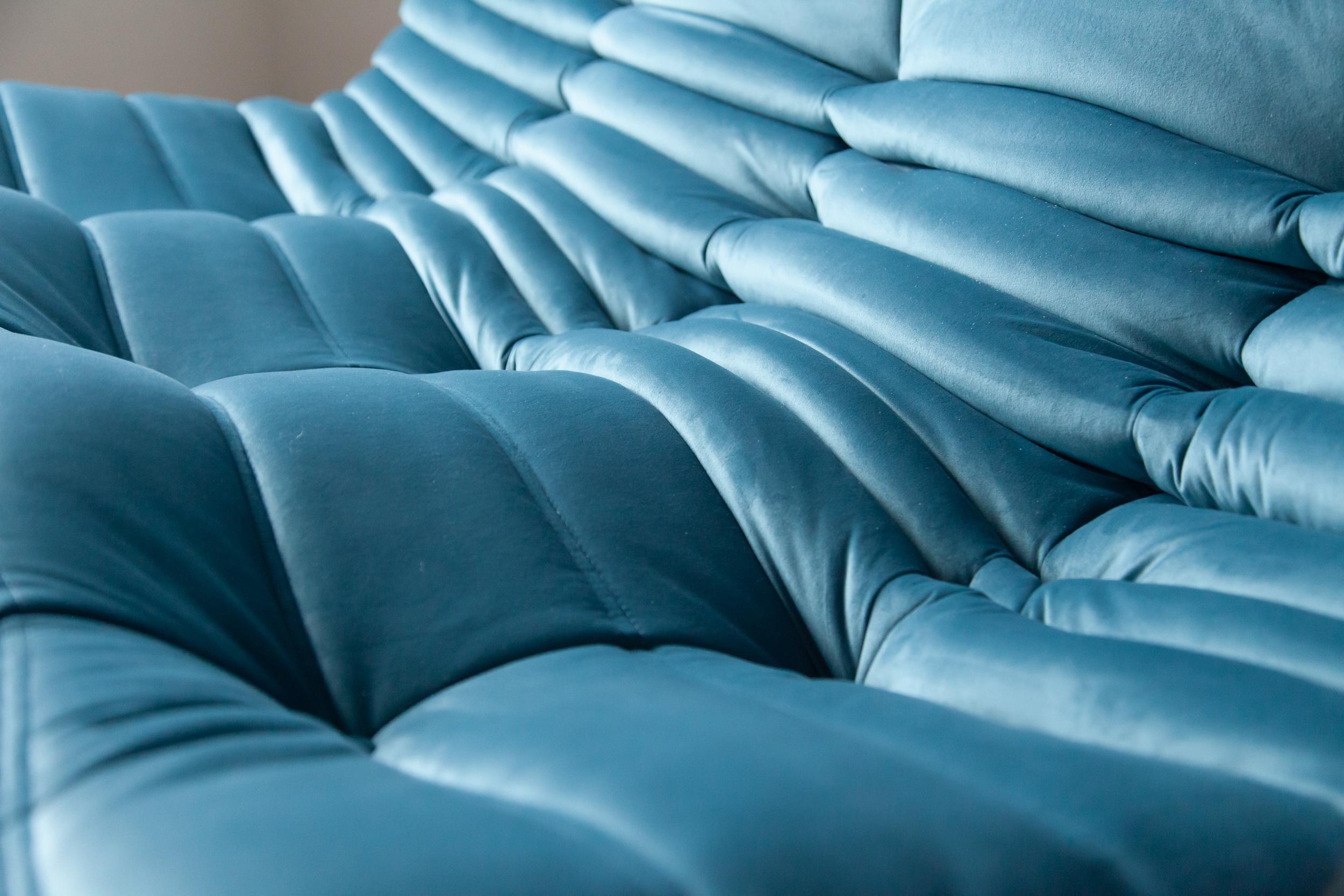 Togo Sofa Set by Michel Ducaroy for Ligne Roset, in Sea Blue Velvet For Sale 13
