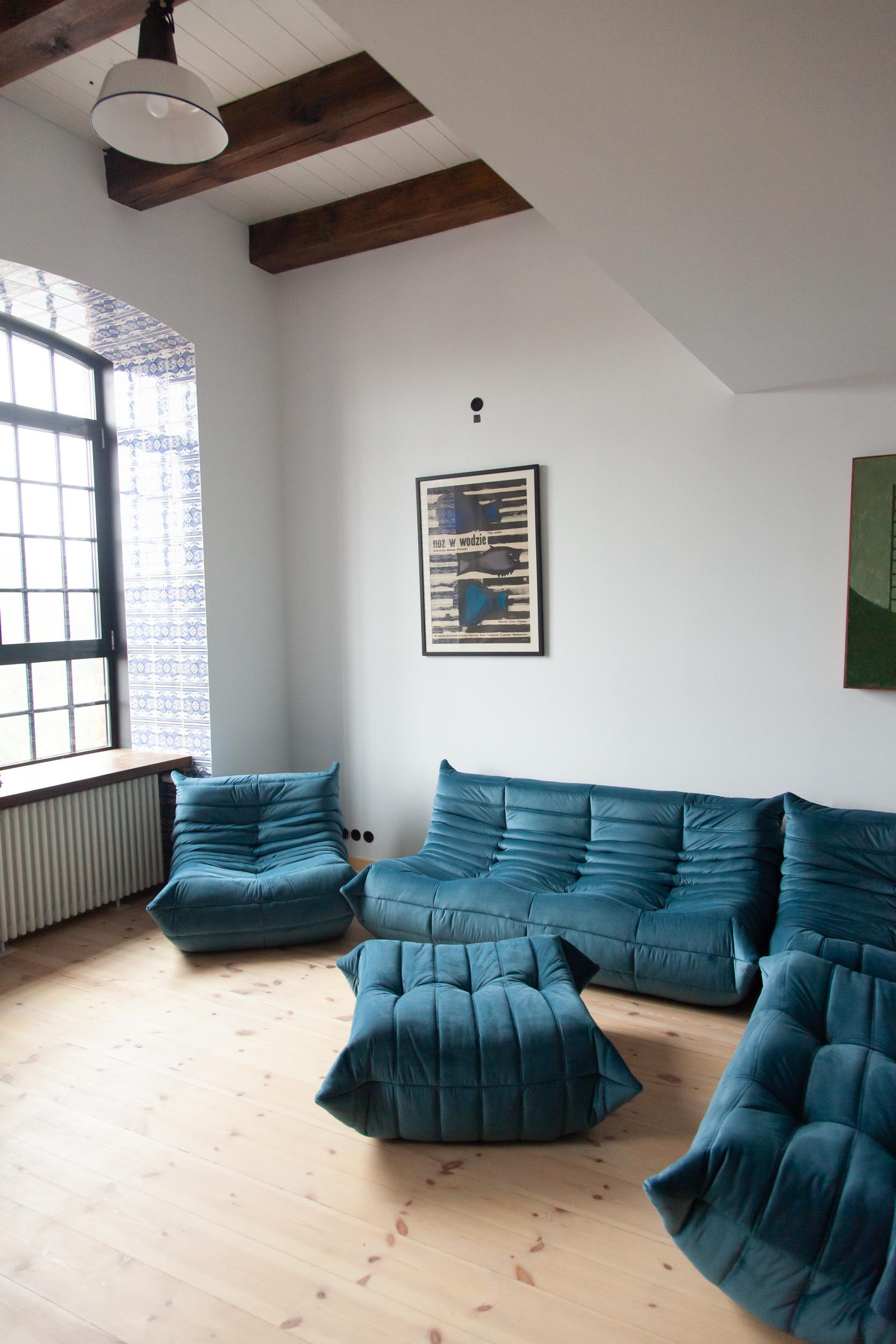 Mid-Century Modern Togo Sofa Set by Michel Ducaroy for Ligne Roset, in Sea Blue Velvet For Sale
