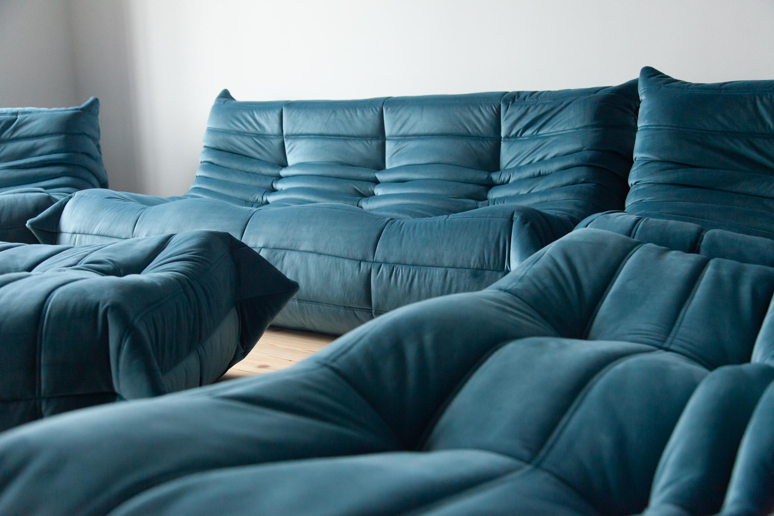 French Togo Sofa Set by Michel Ducaroy for Ligne Roset, in Sea Blue Velvet For Sale