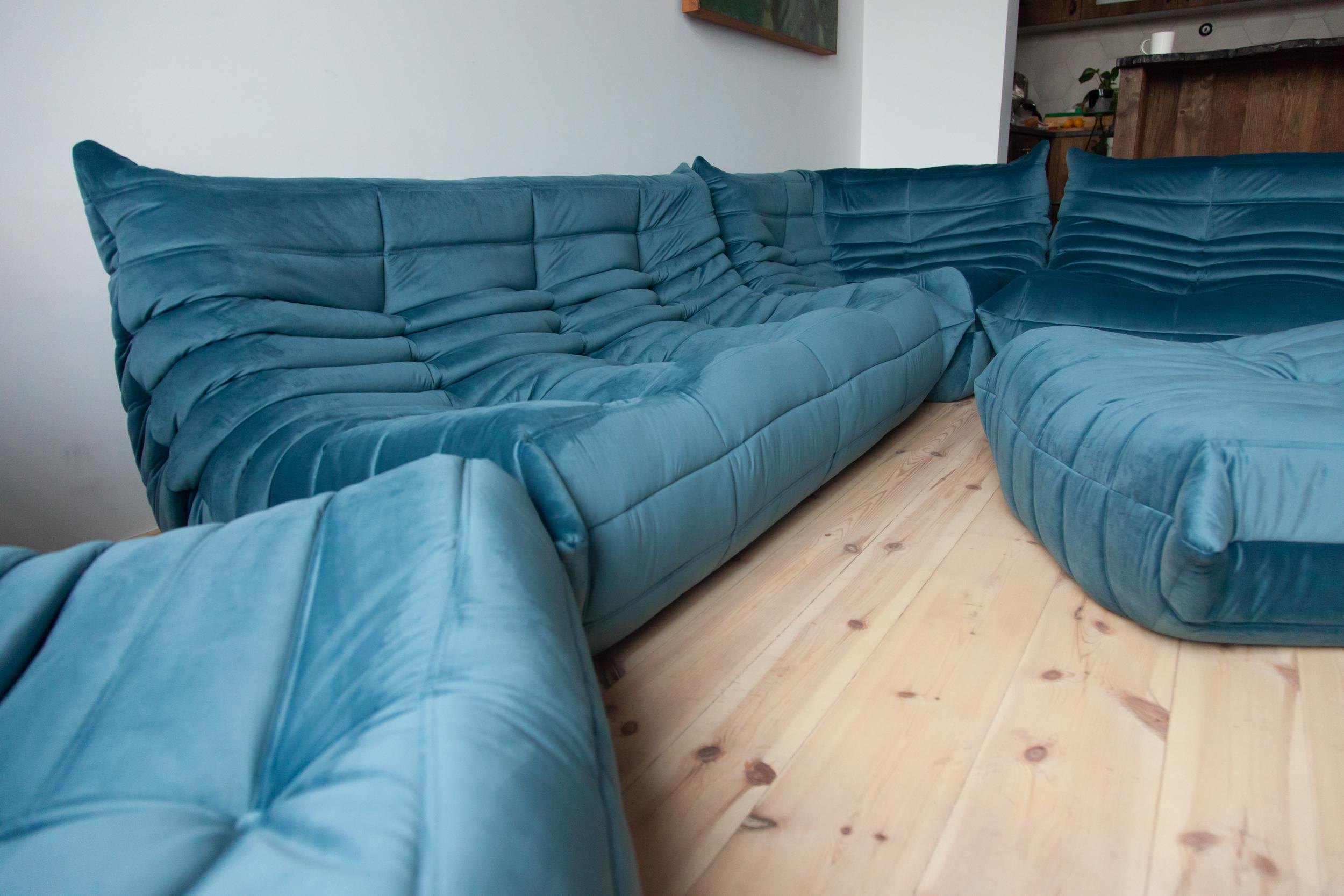 Late 20th Century Togo Sofa Set by Michel Ducaroy for Ligne Roset, in Sea Blue Velvet For Sale