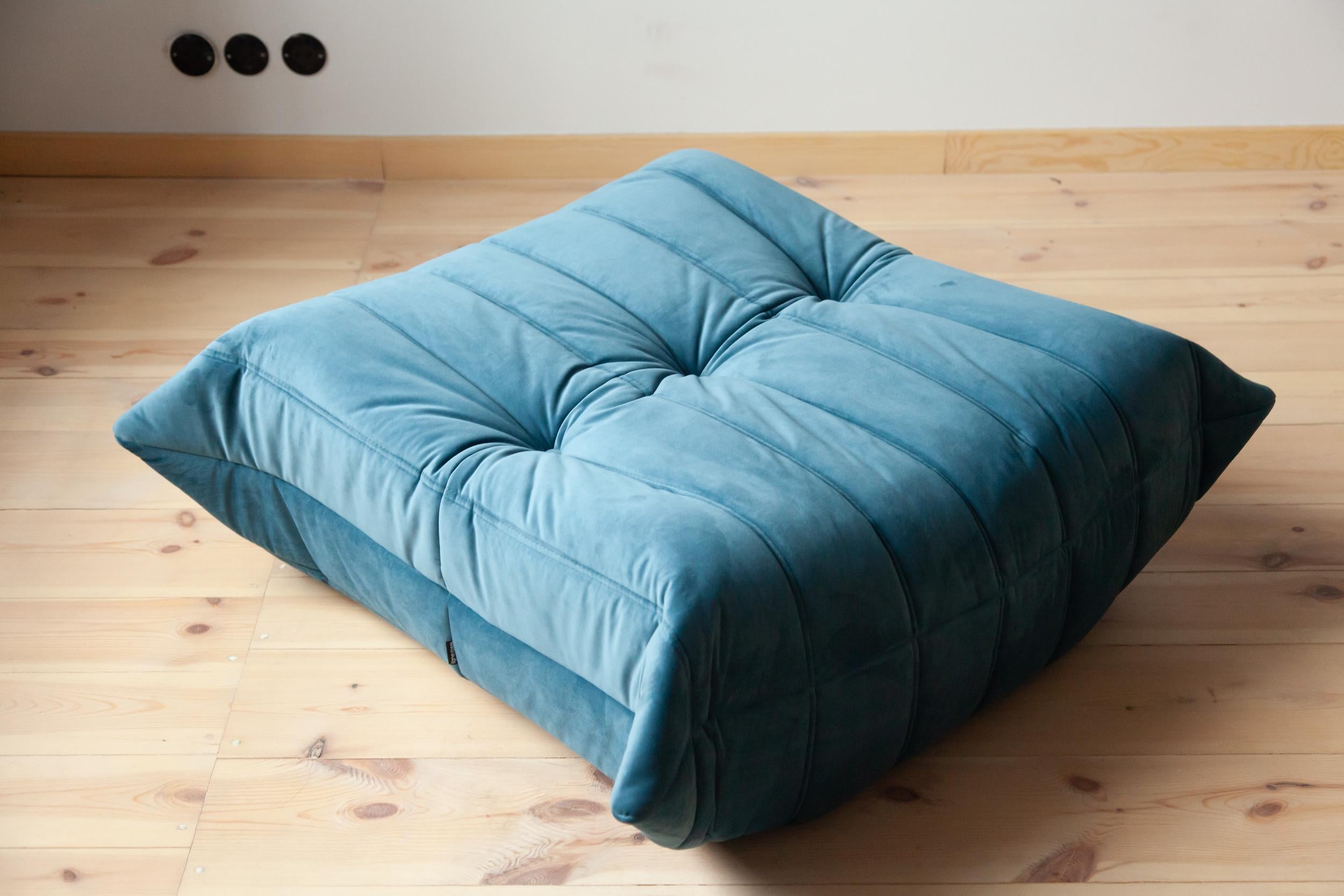 Fabric Togo Sofa Set by Michel Ducaroy for Ligne Roset, in Sea Blue Velvet For Sale