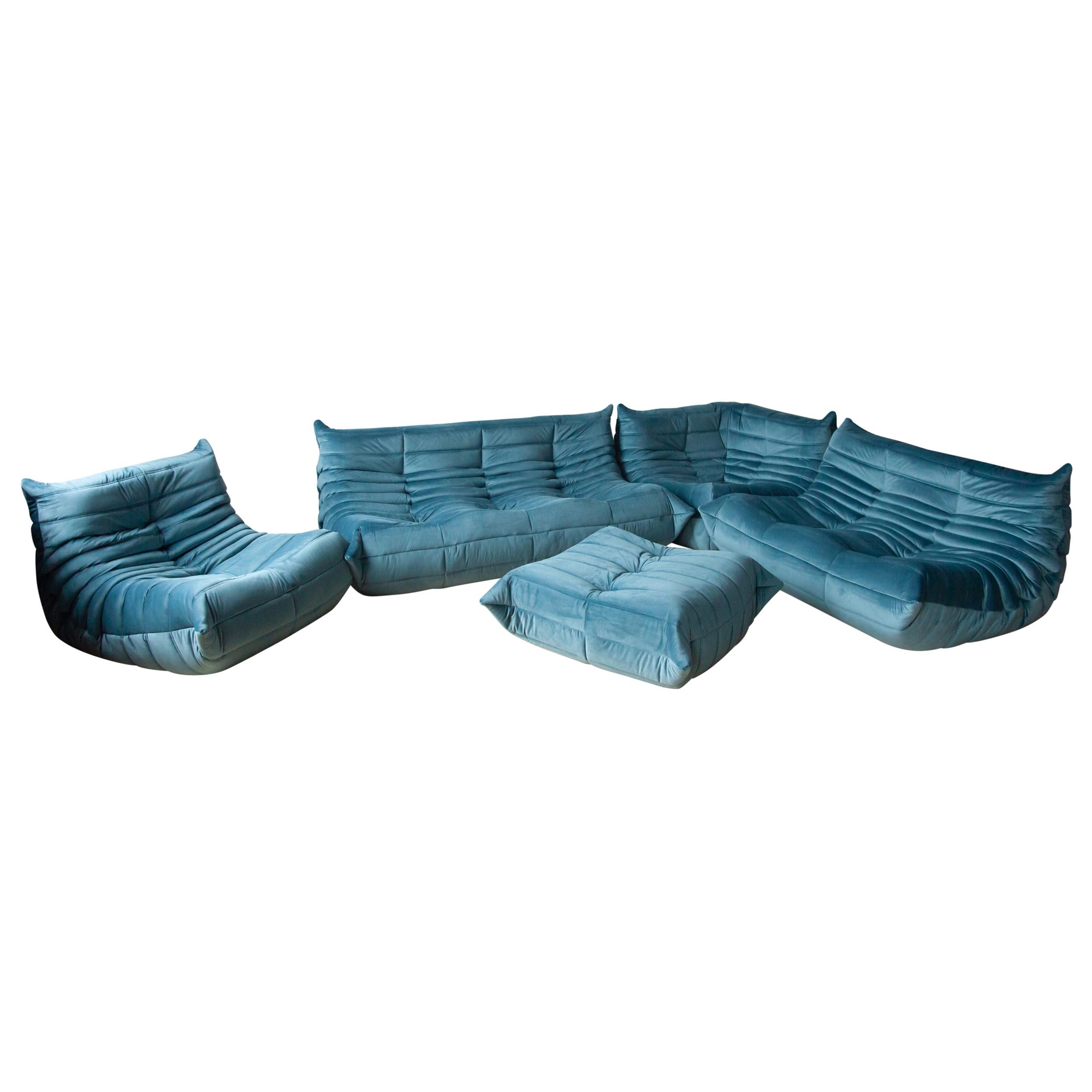 Togo Sofa Set by Michel Ducaroy for Ligne Roset, in Sea Blue Velvet For Sale