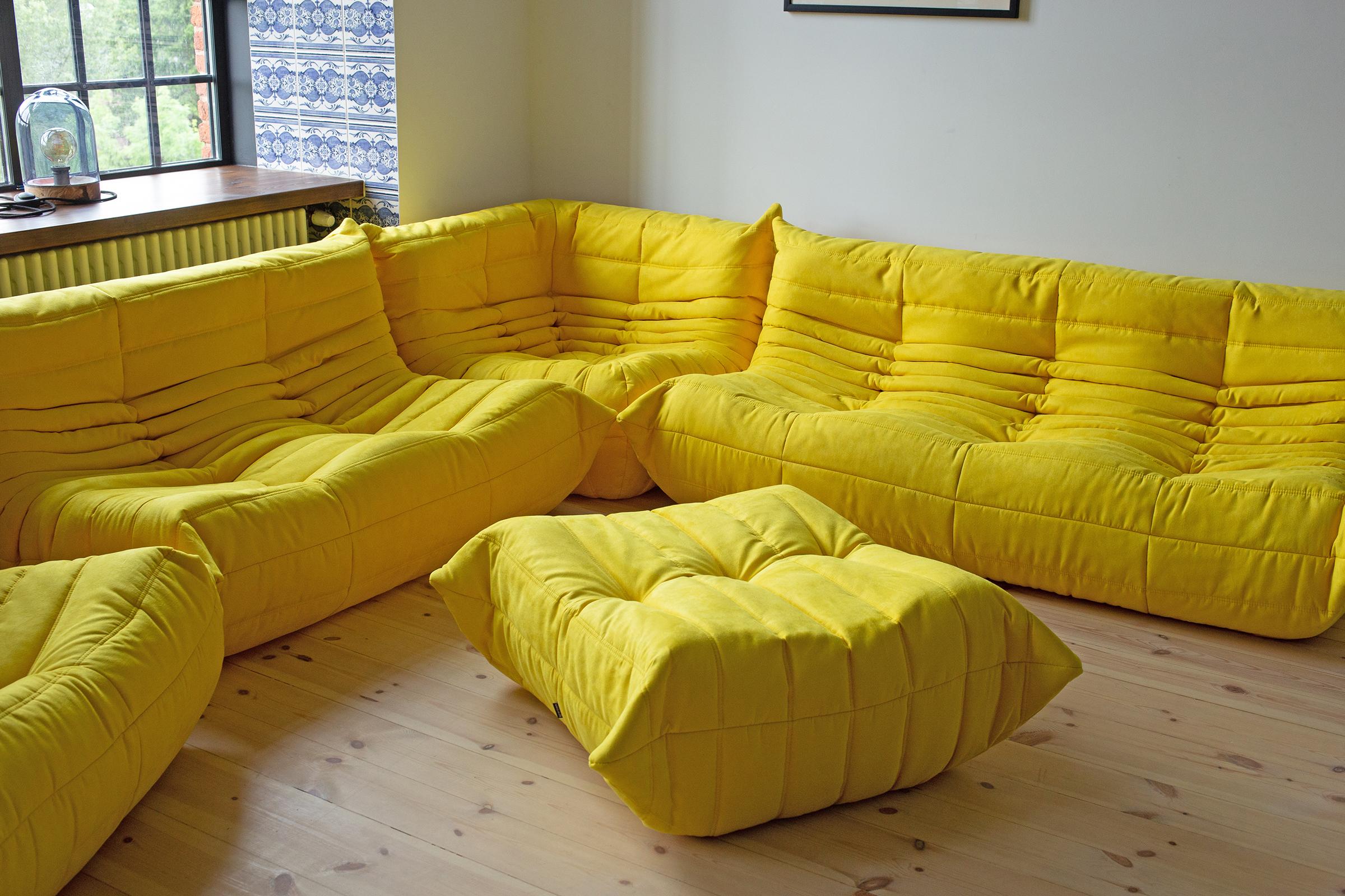 French Togo Sofa Set by Michel Ducaroy for Ligne Roset, in Yellow Microfibre For Sale