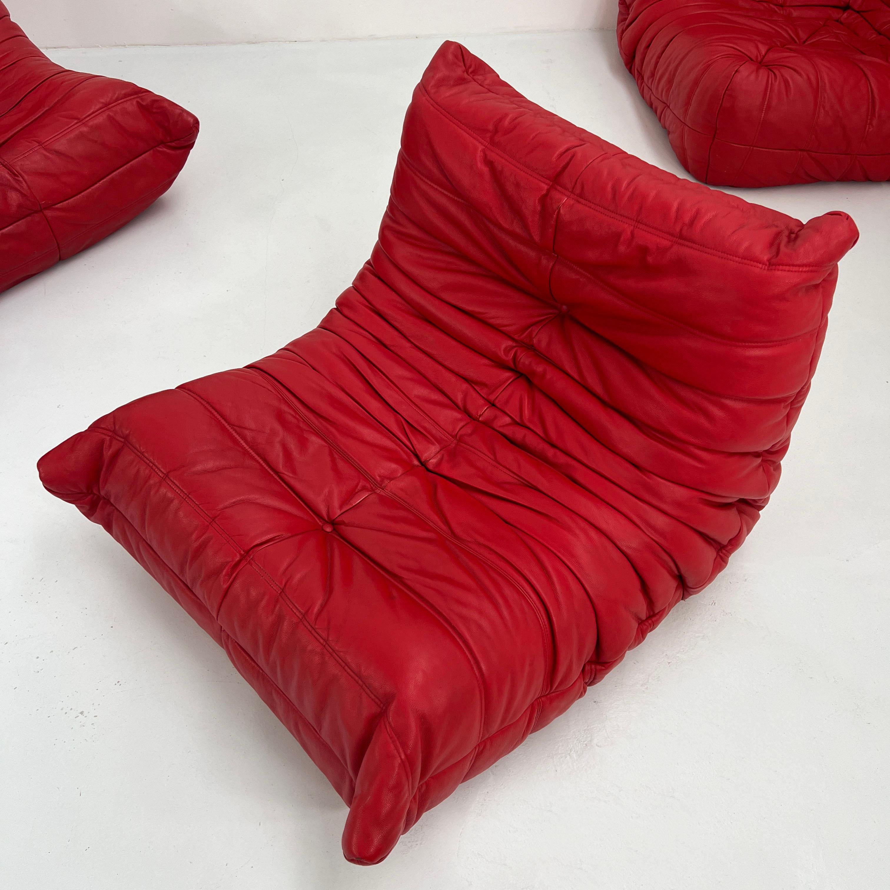 Togo Sofa Set in Red Leather by Michel Ducaroy for Ligne Roset, 1970s For Sale 8