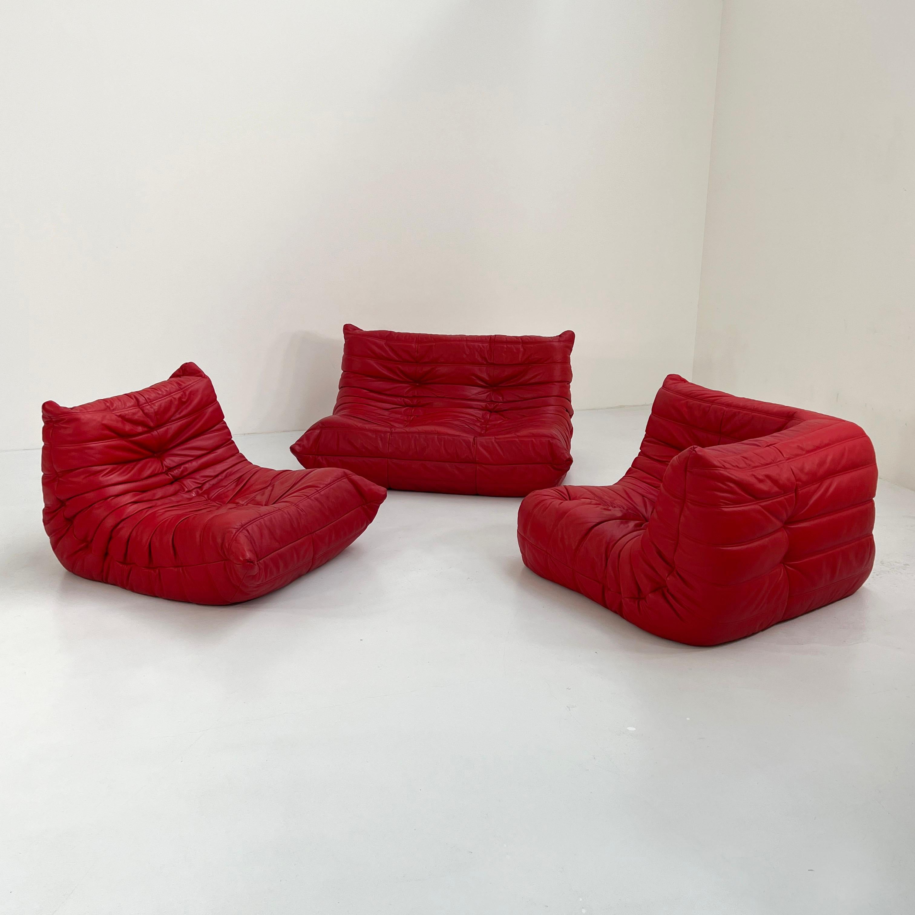 Italian Togo Sofa Set in Red Leather by Michel Ducaroy for Ligne Roset, 1970s For Sale