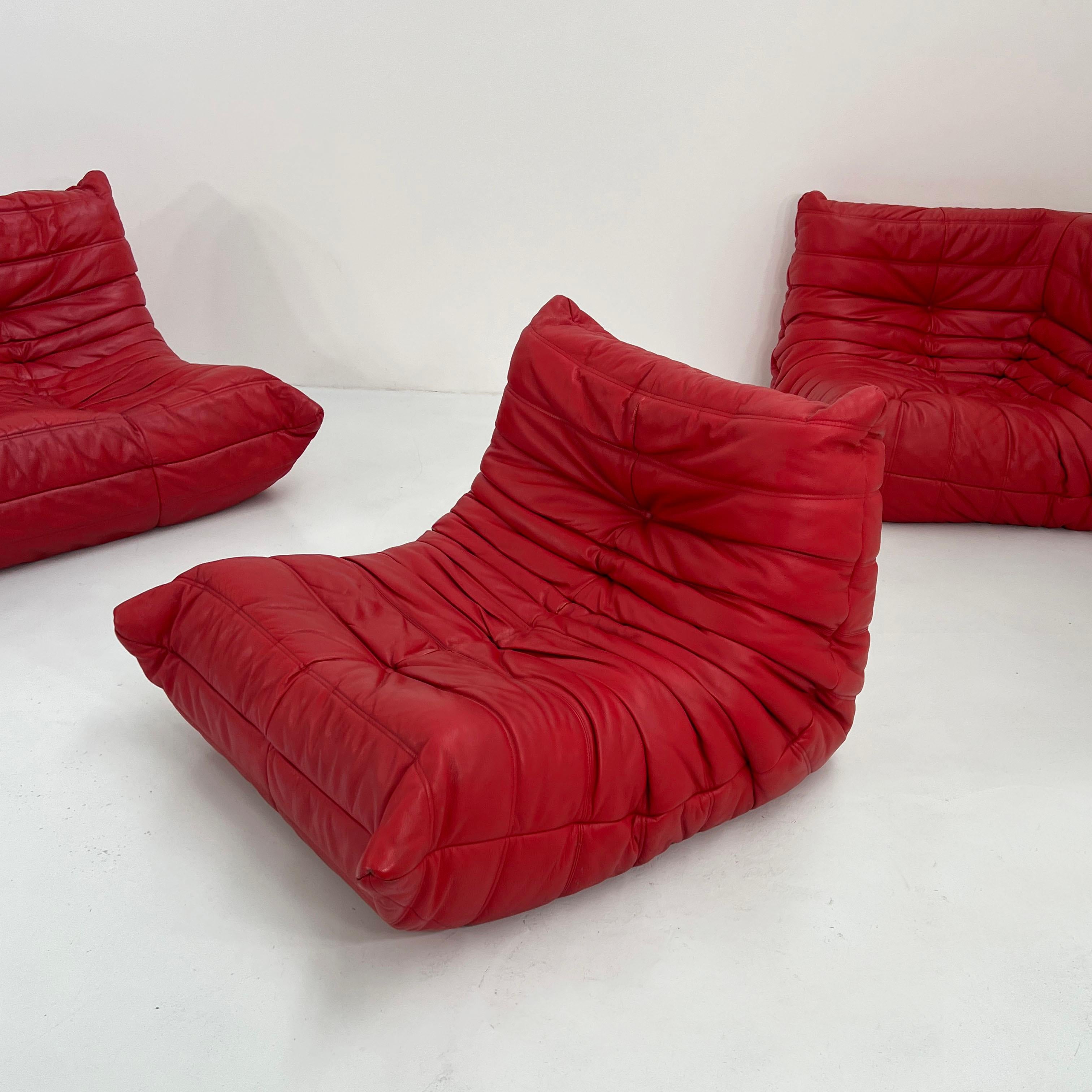 Late 20th Century Togo Sofa Set in Red Leather by Michel Ducaroy for Ligne Roset, 1970s For Sale