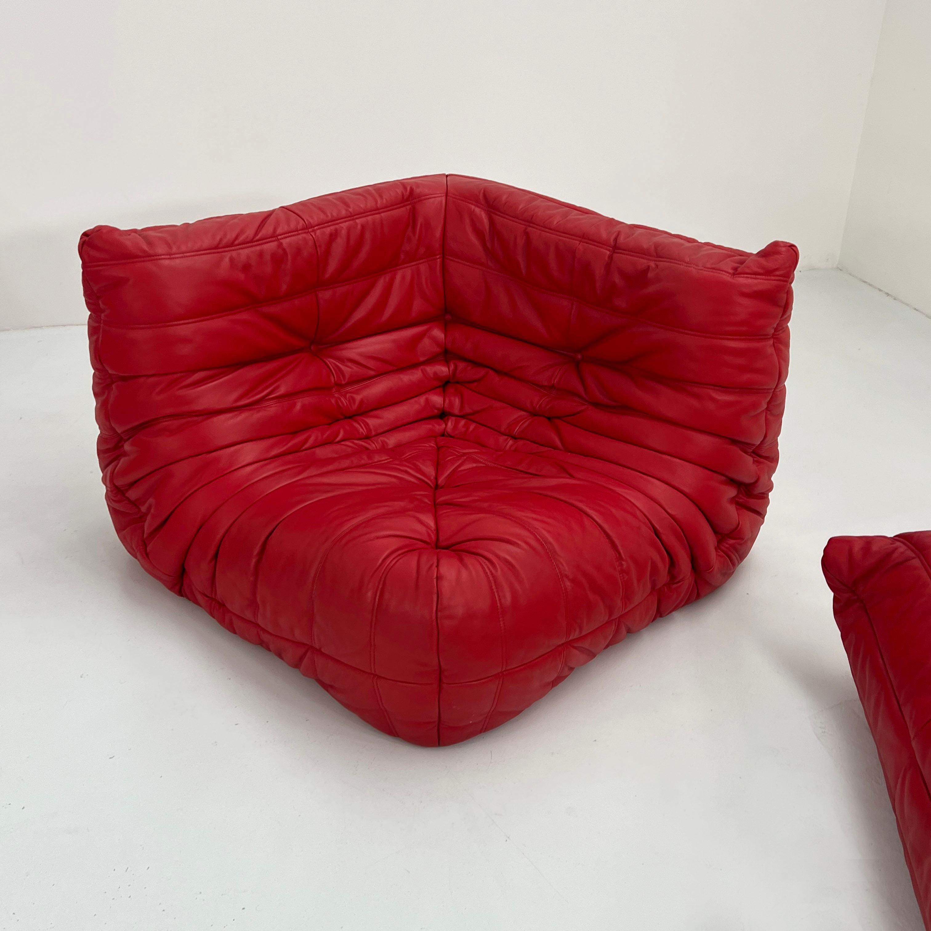 Togo Sofa Set in Red Leather by Michel Ducaroy for Ligne Roset, 1970s For Sale 1