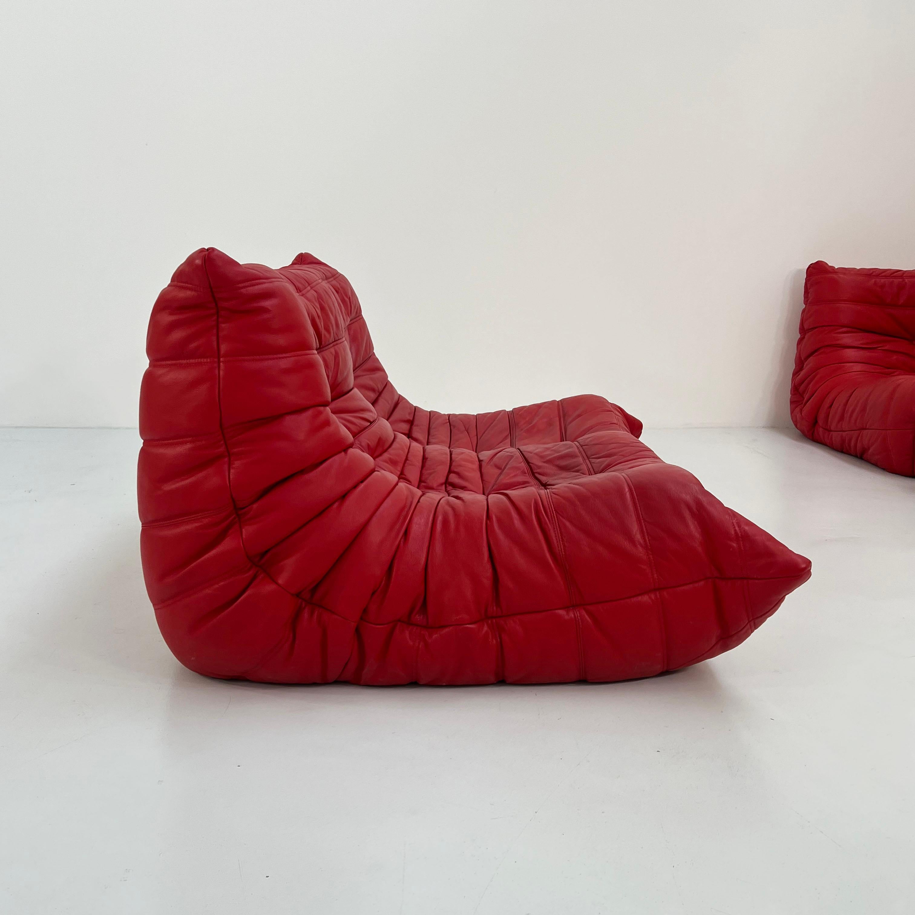 Togo Sofa Set in Red Leather by Michel Ducaroy for Ligne Roset, 1970s For Sale 3
