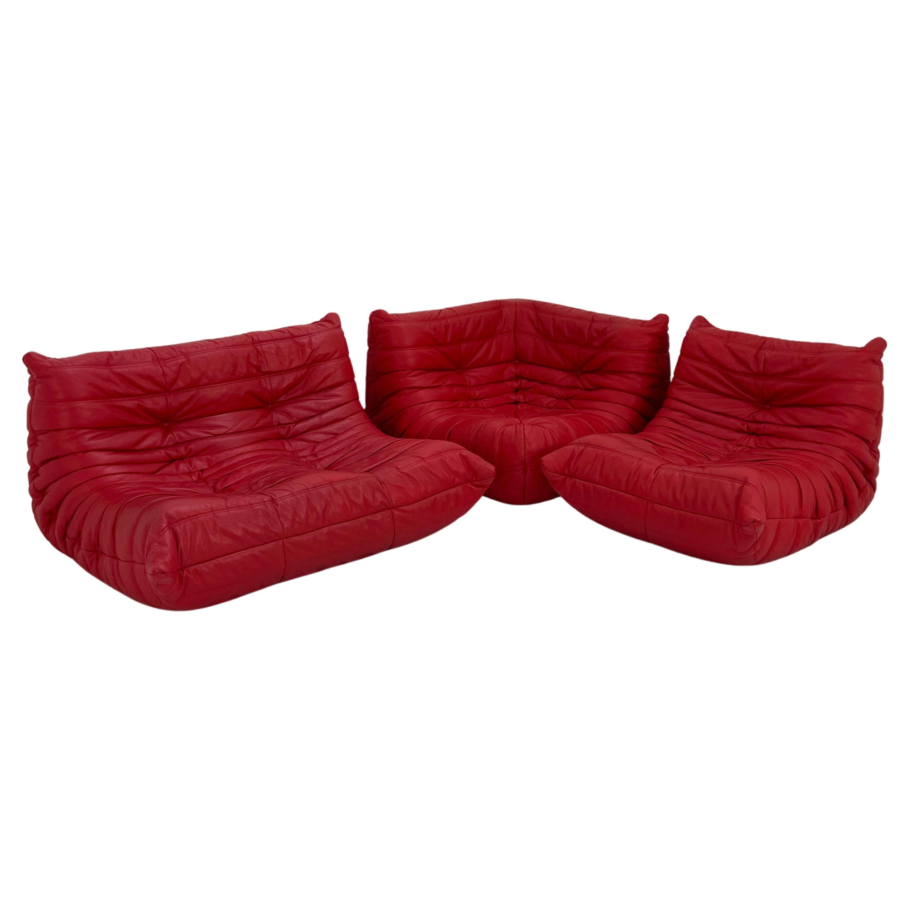 Togo Sofa Set in Red Leather by Michel Ducaroy for Ligne Roset, 1970s For Sale