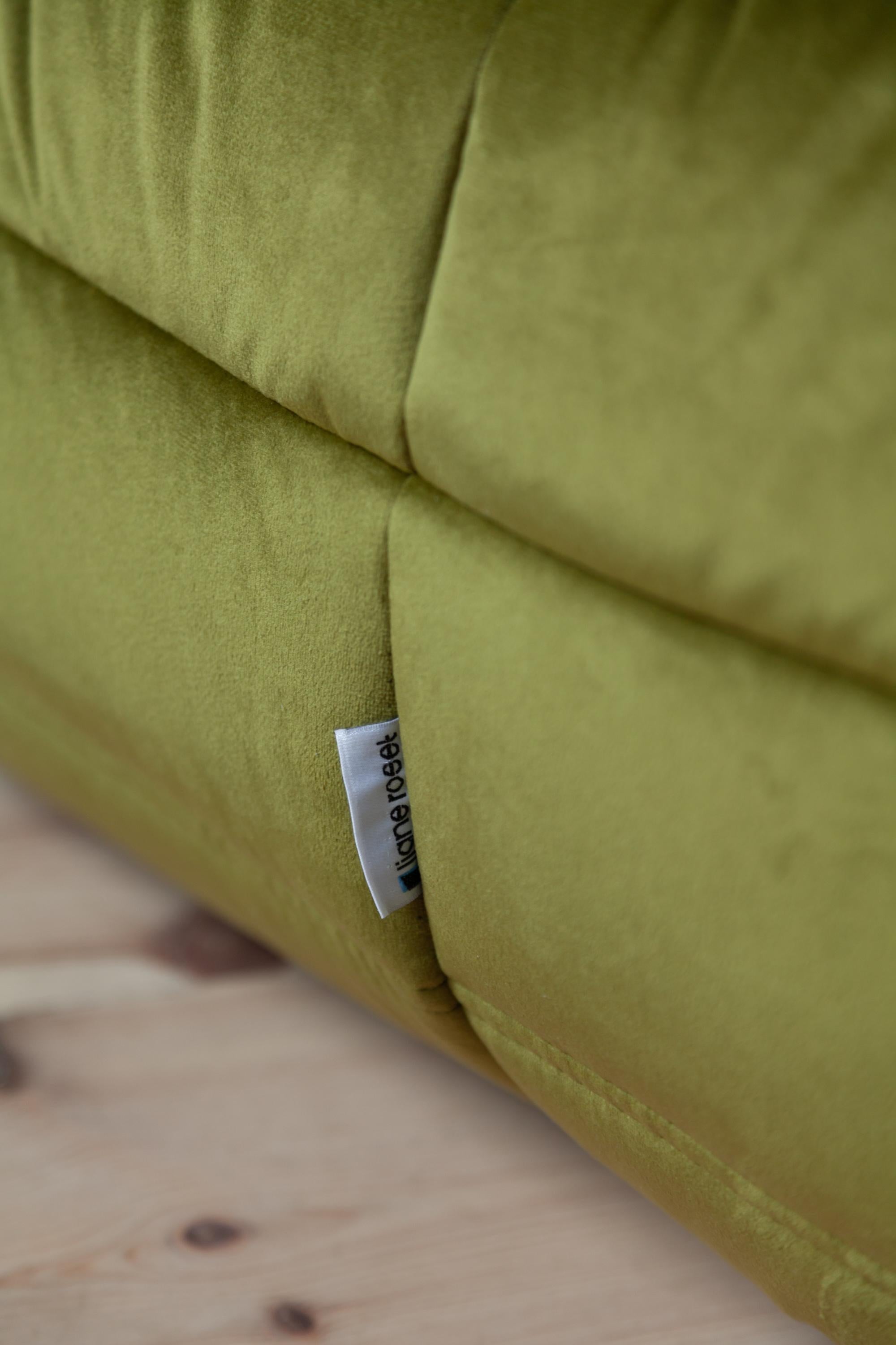 Togo sofa VELVET by Michel Ducaroy for Ligne Roset.  
Togo was designed in 1973.
This set is made of 2 modules: 2 seater and ottoman
the dimension of ottoman  W87, D80, H34
The upholstery is new - green olive velvet, 
It is possible to order more