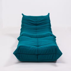 Togo Teal Sessel und Fußhocker von Michel Ducaroy für Ligne Roset:: 2er Set