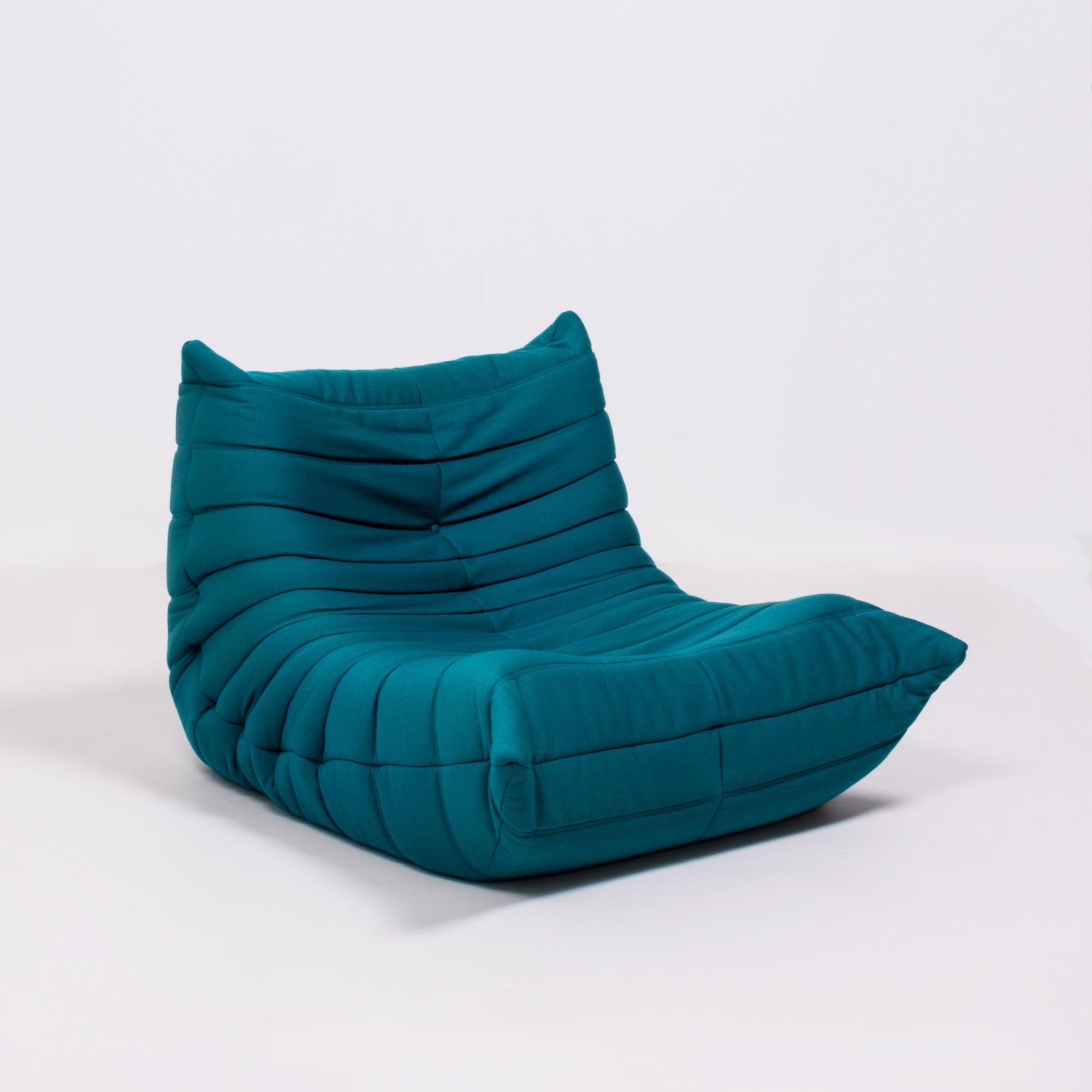 French Togo Teal Armchair and Footstool by Michel Ducaroy for Ligne Roset, Set of 2