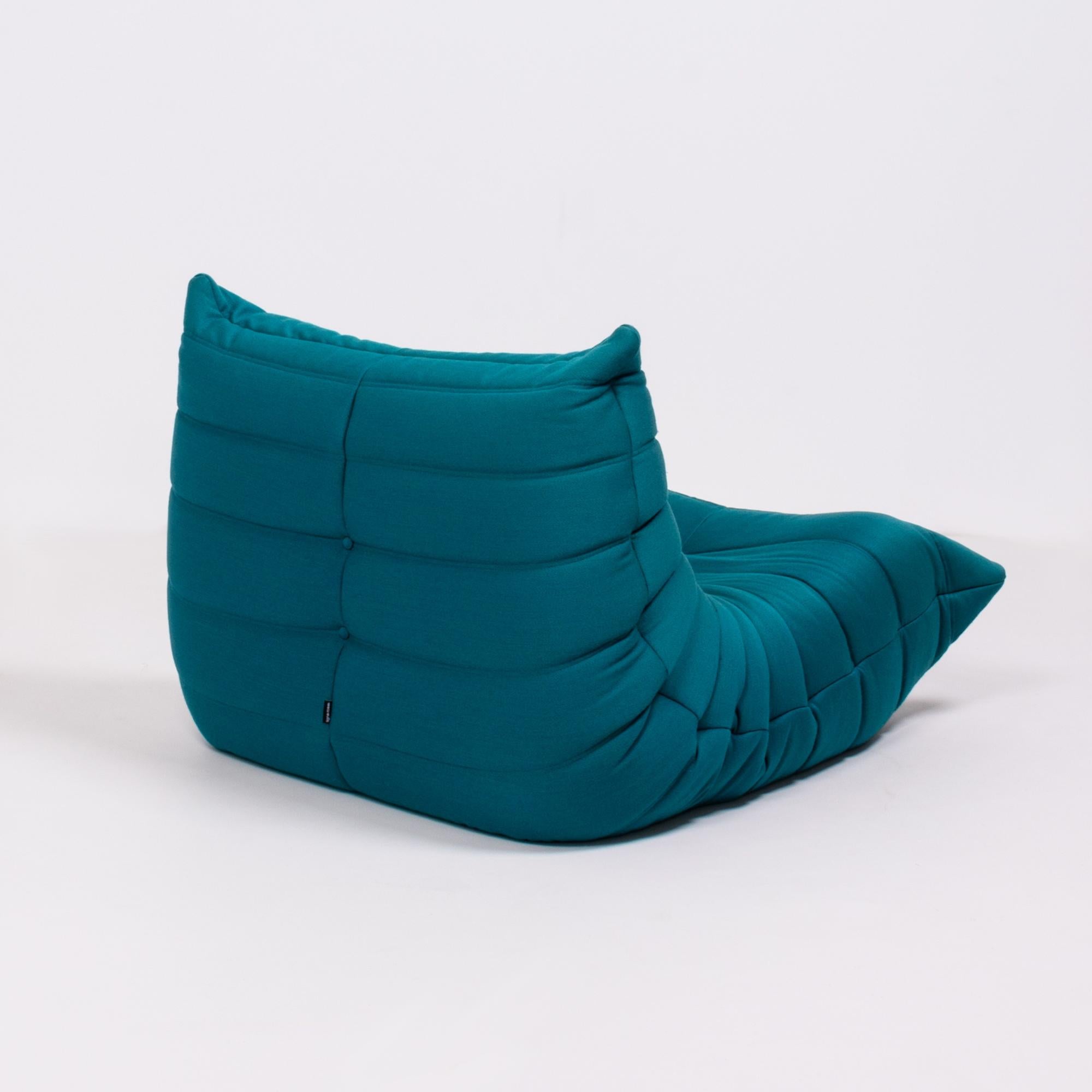 Late 20th Century Togo Teal Armchair and Footstool by Michel Ducaroy for Ligne Roset, Set of 2