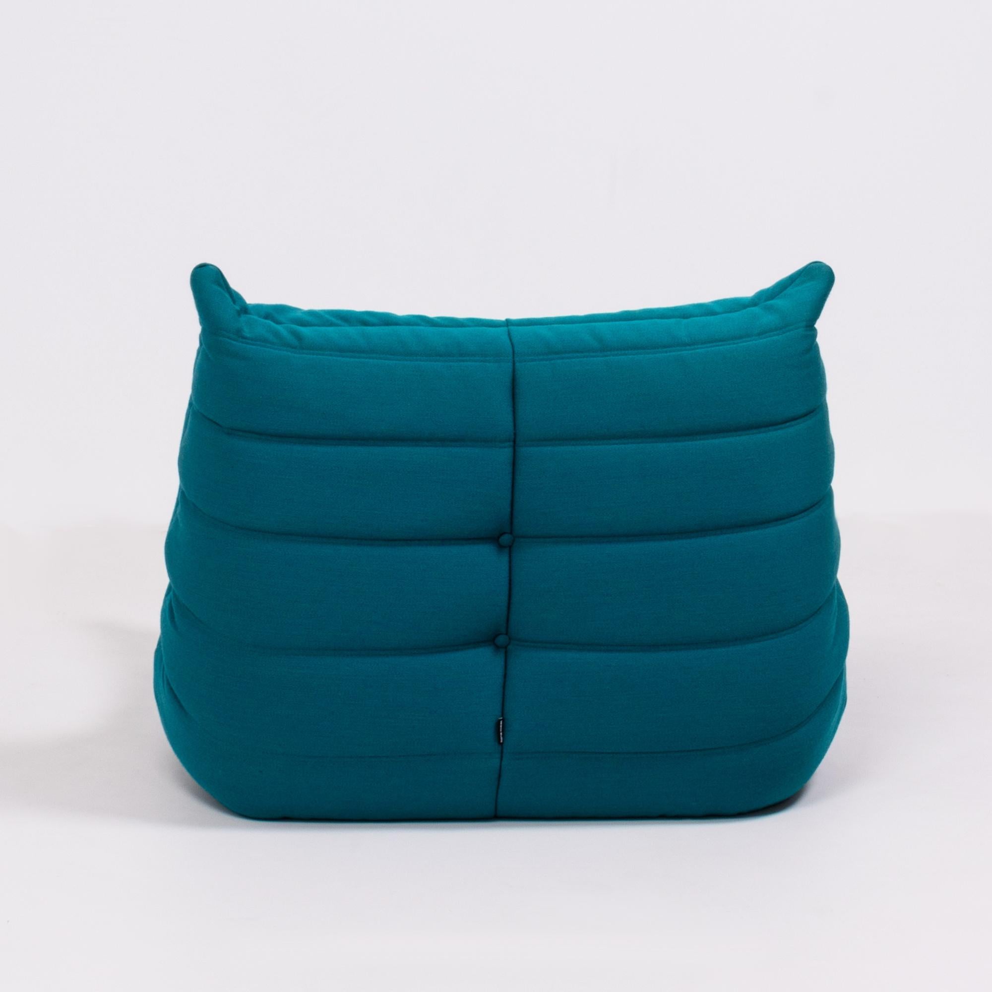 Fabric Togo Teal Armchair and Footstool by Michel Ducaroy for Ligne Roset, Set of 2