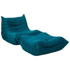 Togo Teal Armchair and Footstool by Michel Ducaroy for Ligne Roset, Set of 2