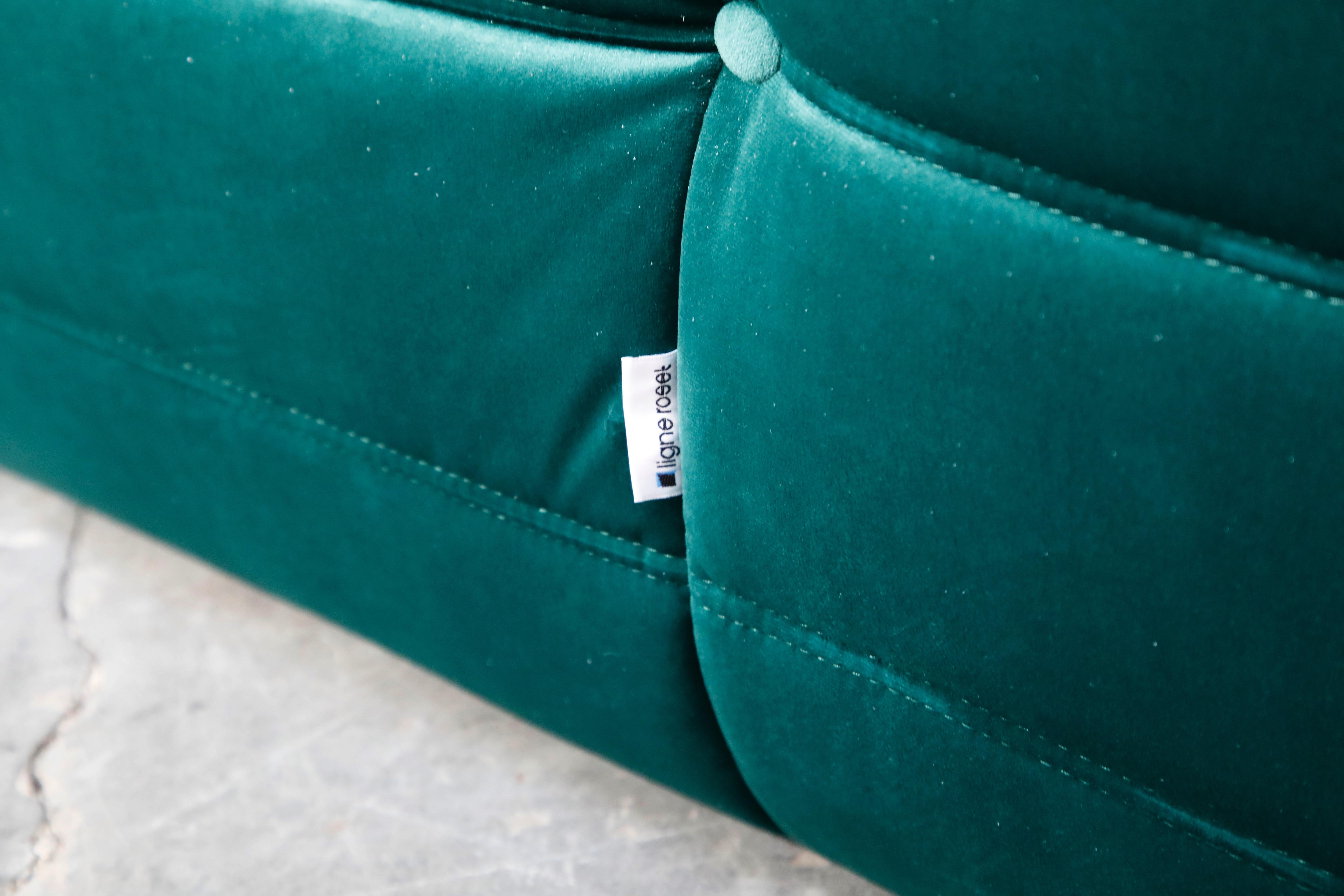 'Togo' Three-Seat Sofa by Michel Ducaroy for Ligne Roset in Emerald Green Velvet 3