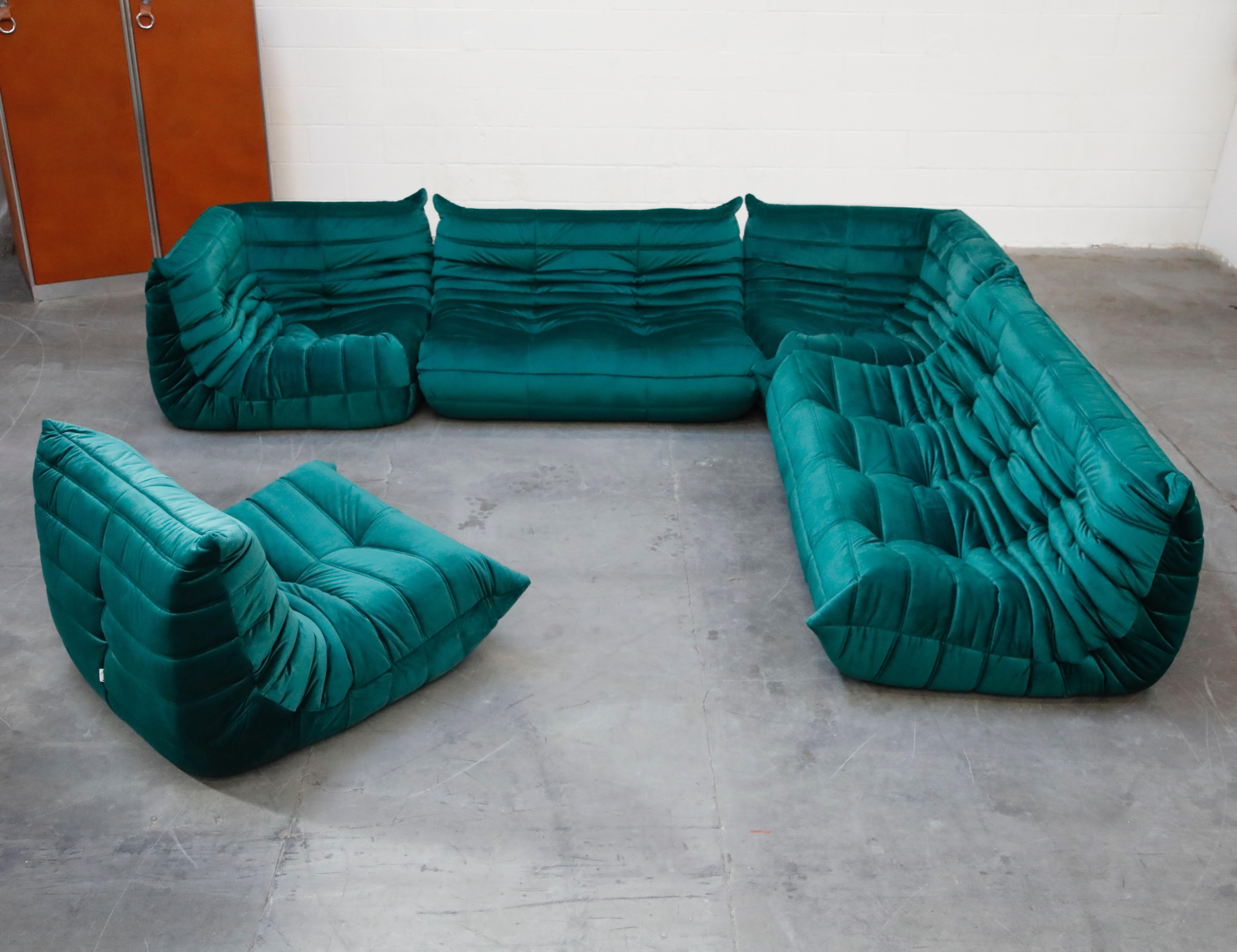 'Togo' Three-Seat Sofa by Michel Ducaroy for Ligne Roset in Emerald Green Velvet 5